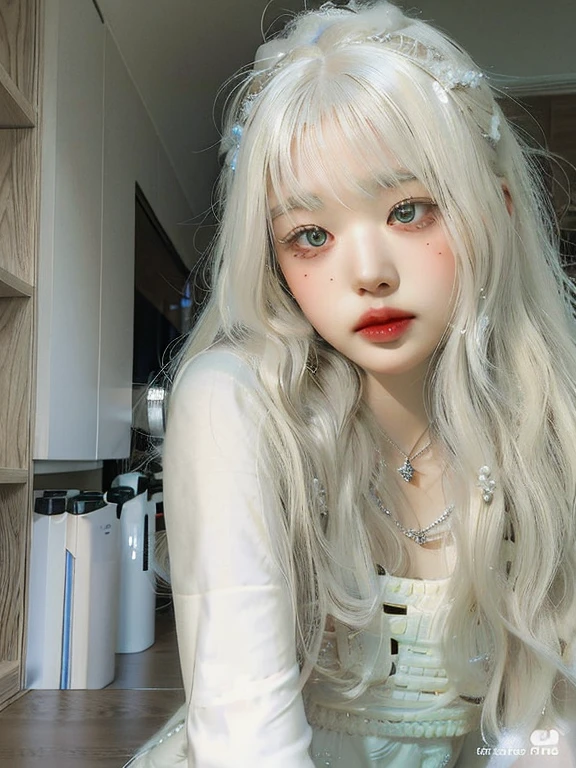 Blonde haired girl with long white hair and a necklace., Long white hair and bangs, with long white hair, with long white hair, White Hime Cut Hairstyle, white bangs, Her hair is white, cabello Whitebangs cabello, ulzzang, pale hair, white hair color, Silver Hair Girl, lalisa manobal, light gray hair, Long straight silver hair