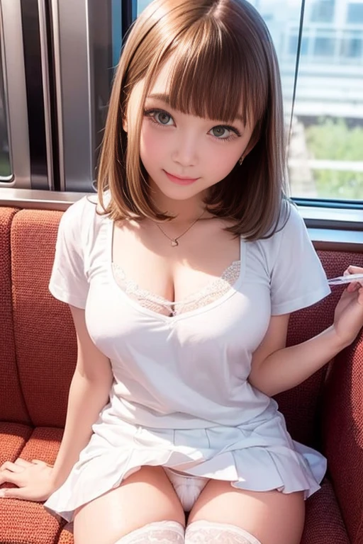 Inside the train、Sitting、Angle from below the front、1 girl、Bob Hair、Brown Hair、Medium breast、(T-Shirts、Flared mini skirt with slitasterpiece:1.3、Highest quality、Raw photo、White panties、(Panty shot:1.3)、