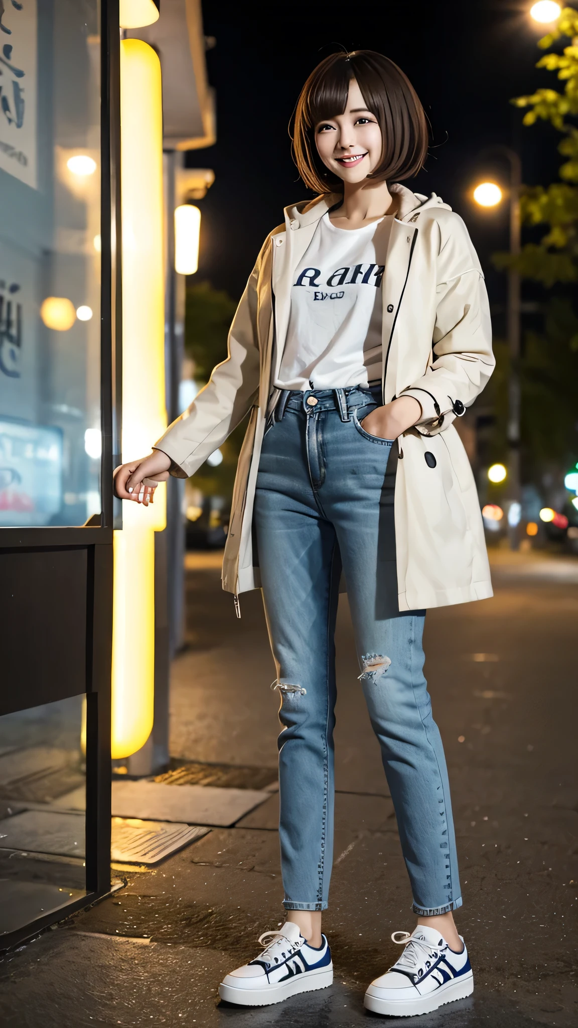 Woman in coat、white jeans and sneakers。Full body photo、Are standing、Short Haircut、smile、Background is a park at night。.
