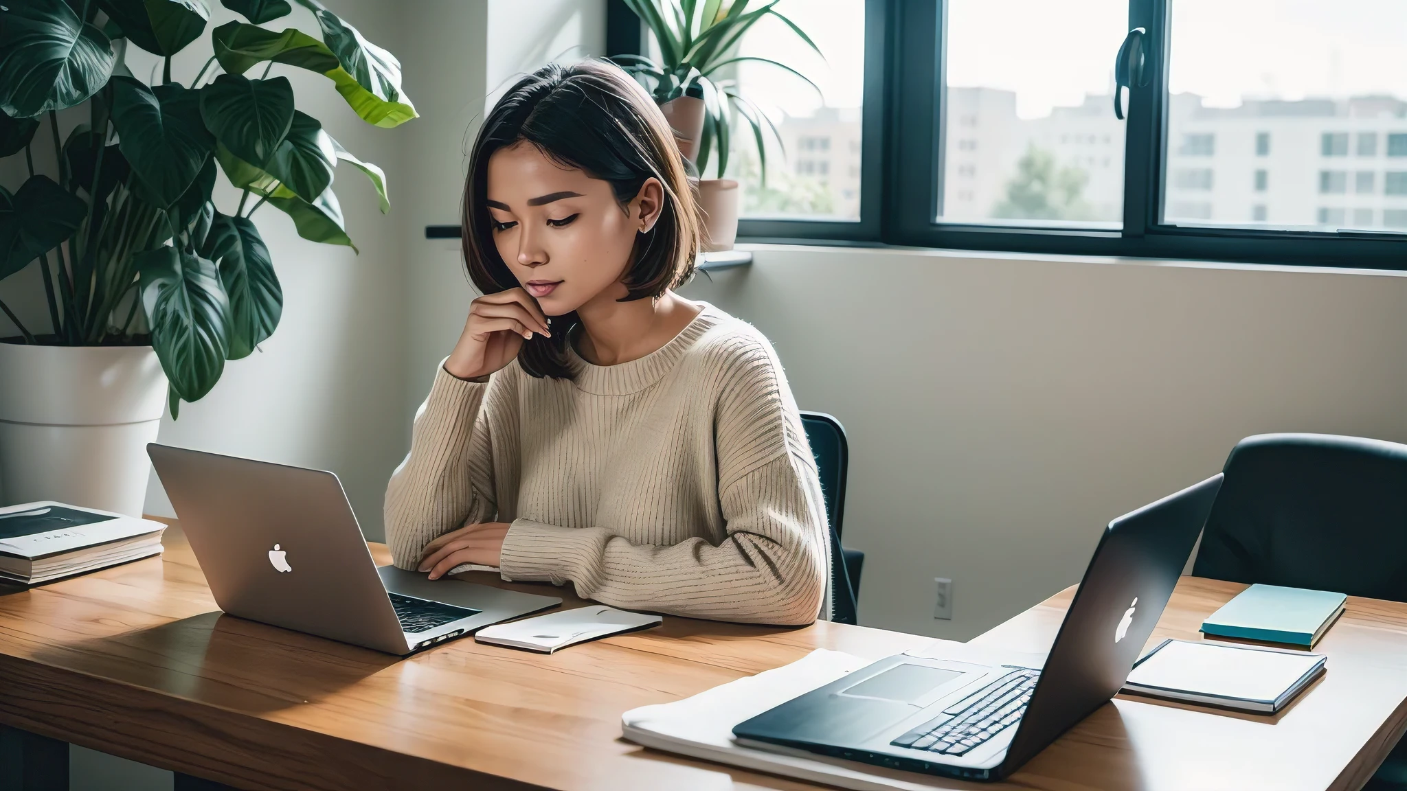 Image is a bright, modern office setting featuring a young woman with short, straight brown hair and fair skin, sitting at a white desk. She is wearing a light blue ribbed sweater and is focused on her laptop, which is a light beige color. On the desk, there is a red smartphone, a stack of books with one orange and one blue cover, and a pen. In the background, there is a large green potted plant adding a touch of nature to the workspace. The overall atmosphere is clean, organized, and professional.