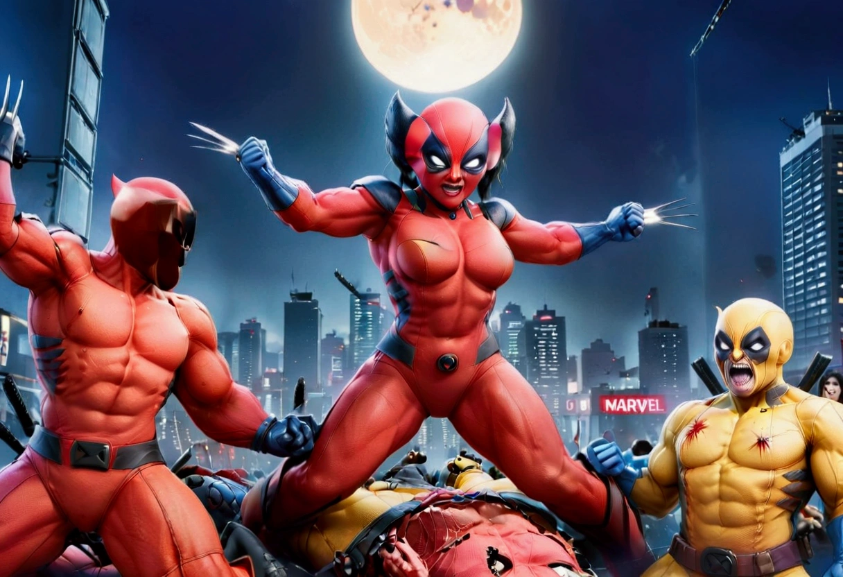 (extreme complexity, 2 subjects)(WolverineV2-1024), is furious, claws extended, battle pose (Marvel comics Wolverine), nearby is deadpool (a cute woman, DeadpoolStyle) who is laughing and cracking jokes, they are in Bangkok surrounded by zombie mutant ninjas