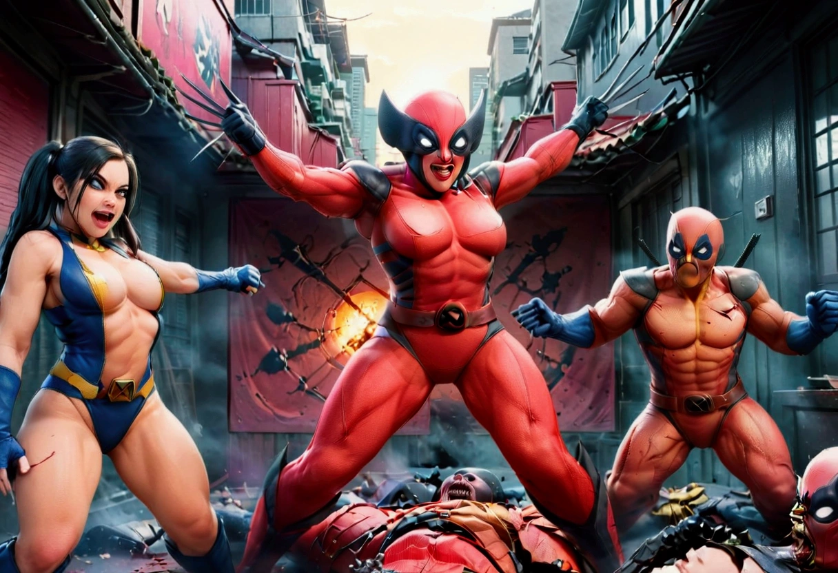 (extreme complexity, 2 subjects)(WolverineV2-1024), is furious, claws extended, battle pose (Marvel comics Wolverine), nearby is deadpool (a cute woman, DeadpoolStyle) who is laughing and cracking jokes, they are in Bangkok surrounded by zombie mutant ninjas
