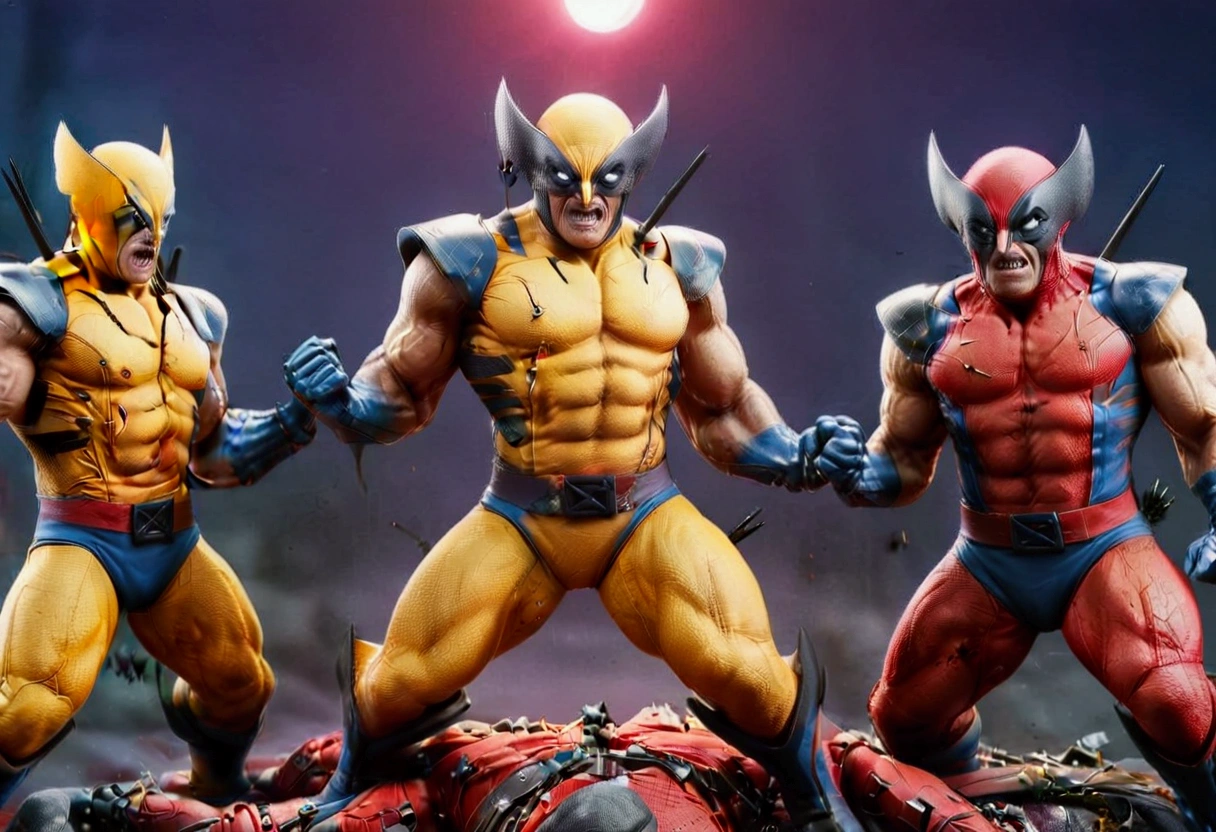 (extreme complexity, 2 subjects)(WolverineV2-1024), is furious, claws extended, battle pose (Marvel comics Wolverine), nearby is deadpool (a cute woman, DeadpoolStyle) who is laughing and cracking jokes, they are in Bangkok surrounded by zombie mutant ninjas