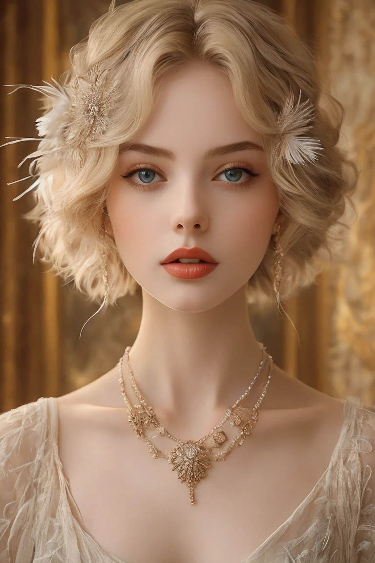 (masterpiece, best quality:1.2),bellissima, realistic, xcharleston style, 1girl, solo, hip, blue eyes, blonde hair, hair ornament, dress, jewelry, necklace, bracelet, lips, makeup, ring, feathers, lipstick, gem, curly hair, realistic, feather hair ornament, pearl necklace, pearl (gemstone)