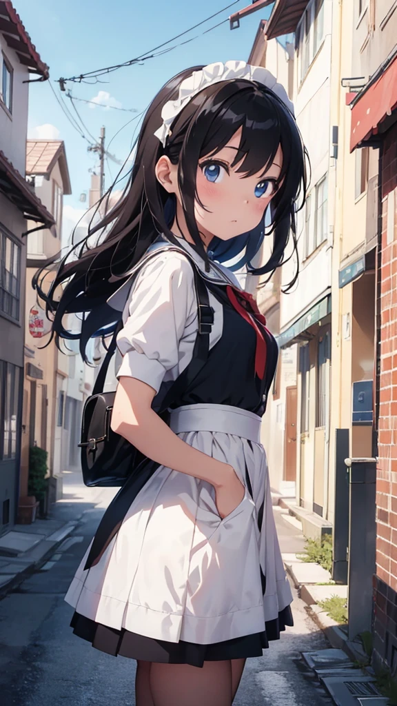 She is looking up at the blue sky, her back turned, and holding hands with a boy., Enchanting anime girl,  Ilya Kuvshinov. 4k yen, Anime Moe Art Style, Anime girl in maid outfit, Cute girl anime visuals, Anime Best Girl, Attractive anime girl, Beautiful anime school girl