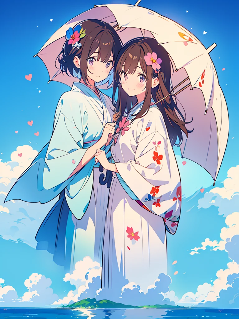 kawaii, anime, Cute, hyper quality, highly detailed, 8k, Clarity, Draw facial expressions in detail, Two girls with long dark brown hair, wink, after the rain, the ground is wet, hold an umbrella, rainbow in the sky, cumulonimbus, morning glory, morning glory flower, colorful morning glory, pink morning glory flower, white morning glory flower, blue morning glory flower, Draw facial expressions in detail, The petals are connected to form a trumpet shape.,