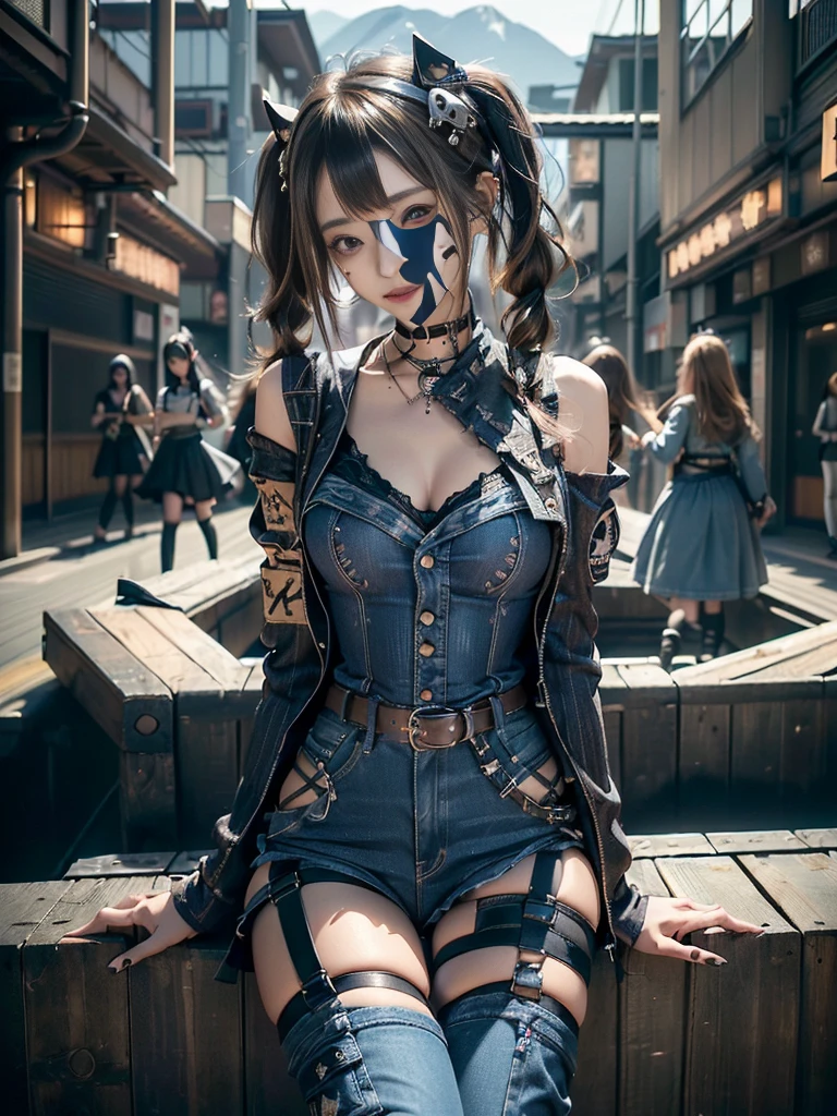 (Three Women,3 girls:1.5),(Beautiful lips and nose:1.4)、(Long eyelashes:1.4)、(Smiling with teeth showing:1.3),(Shibuya Gal:1.5)、(Gothic ta delicately decorated dress:1.5)、(Tattered denim and black punk rock cargo pants:1.5)、(Denim and black navy skull mark small jacket:1.4)、(denim garter belt:1.5)、(Black and denim knee socks:1.3)、(Skull Silver Accessories:1.5)、(Denim collar:1.3)、(Brown Skin Belt:1.4)、(Brown boots:1.2)、(The underwear is striped:1.4)、31 years old、((Highest quality、In 8K、masterpiece:1.3))、Sharp focus:1.2、(Layered Cut、Huge boobs:1.1),Beautiful woman with perfect figure:1.4、(Dancing vigorously:1.3)、Slender Abs:1.2、Highly detailed face and skin texture、Detailed eyes、double eyelid,(Twin tails:1.3)、(Brown-golden hair:1.3)、Gravure idol、(The background is a vast mountain with a clear view々Beautiful luxury resort destination in Europe:1.3)、(Slim Body:1.2),(Make your legs thinner:1.4),(clavicle:1.1)