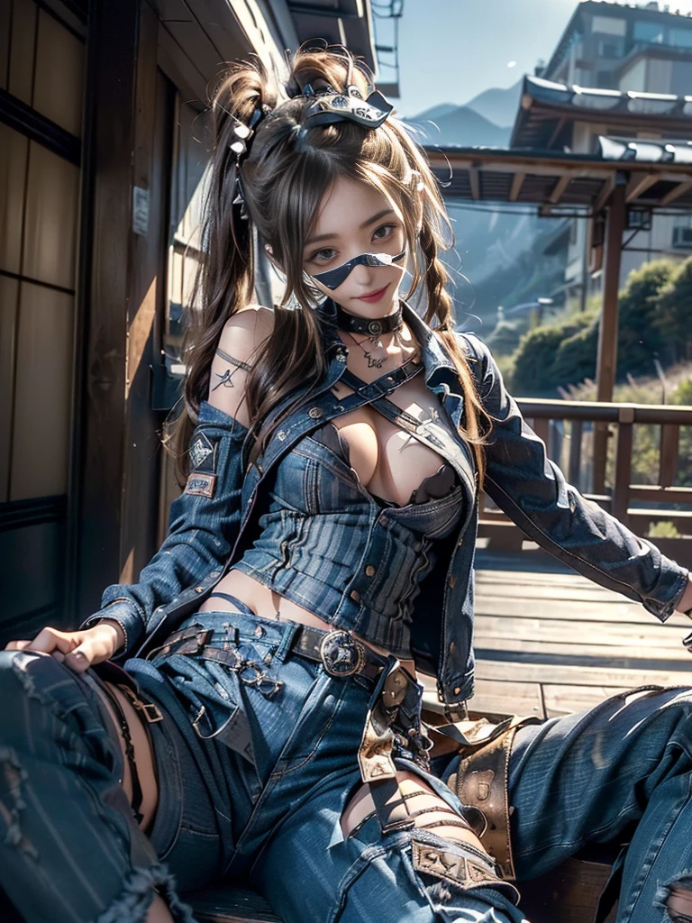 (Three Women,3 girls:1.5),(Beautiful lips and nose:1.4)、(Long eyelashes:1.4)、(Smiling with teeth showing:1.3),(Shibuya Gal:1.5)、(Gothic ta delicately decorated dress:1.5)、(Tattered denim and black punk rock cargo pants:1.5)、(Denim and black navy skull mark small jacket:1.4)、(denim garter belt:1.5)、(Black and denim knee socks:1.3)、(Skull Silver Accessories:1.5)、(Denim collar:1.3)、(Brown Skin Belt:1.4)、(Brown boots:1.2)、(The underwear is striped:1.4)、31 years old、((Highest quality、In 8K、masterpiece:1.3))、Sharp focus:1.2、(Layered Cut、Huge boobs:1.1),Beautiful woman with perfect figure:1.4、(Dancing vigorously:1.3)、Slender Abs:1.2、Highly detailed face and skin texture、Detailed eyes、double eyelid,(Twin tails:1.3)、(Brown-golden hair:1.3)、Gravure idol、(The background is a vast mountain with a clear view々Beautiful luxury resort destination in Europe:1.3)、(Slim Body:1.2),(Make your legs thinner:1.4),(clavicle:1.1)