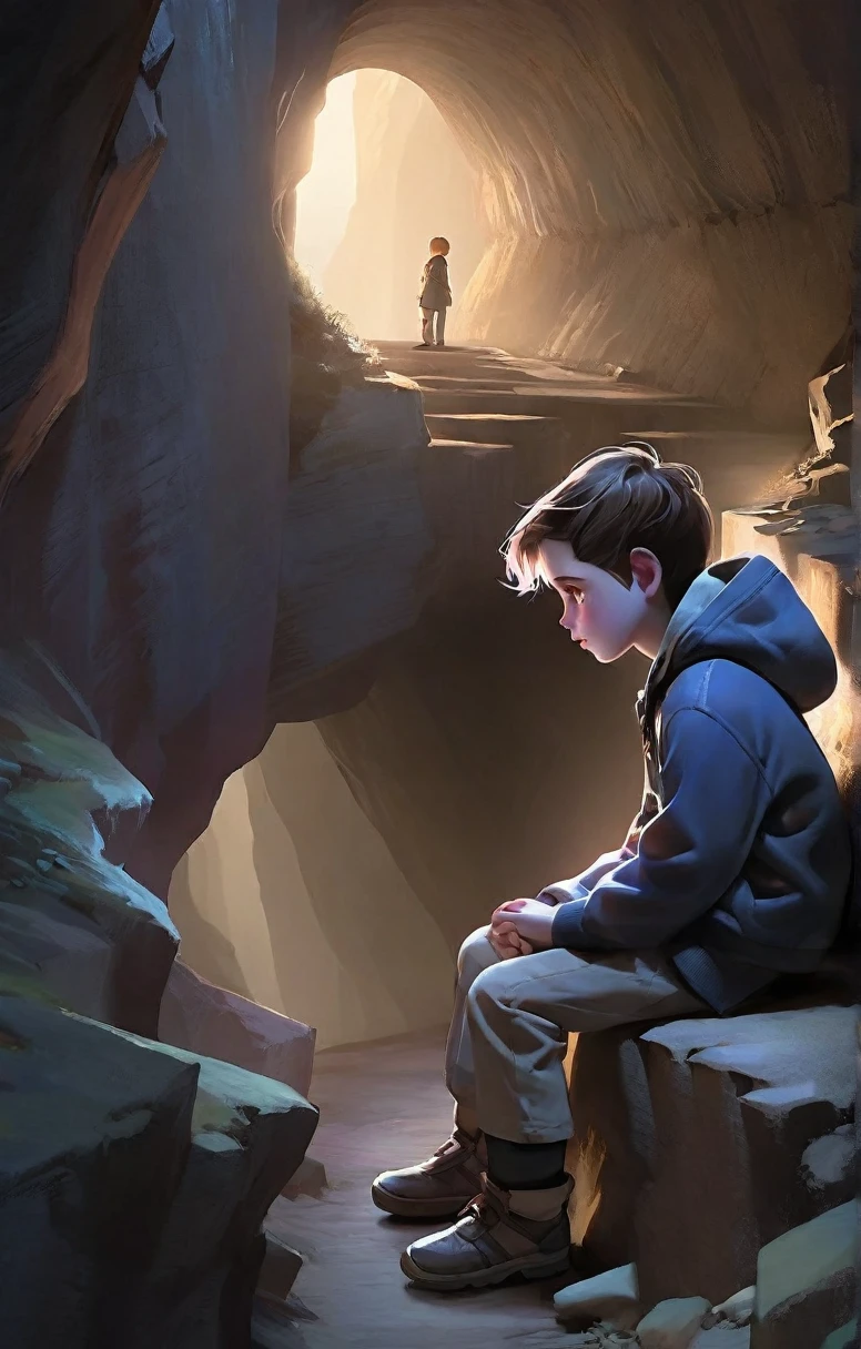 A twilight scene at the entrance of a mountain tunnel. A young boy is sitting on the edge of a cliff above the tunnel, looking down. The boy appears ghostly, with a faint glow around him. The atmosphere is eerie and mysterious.
