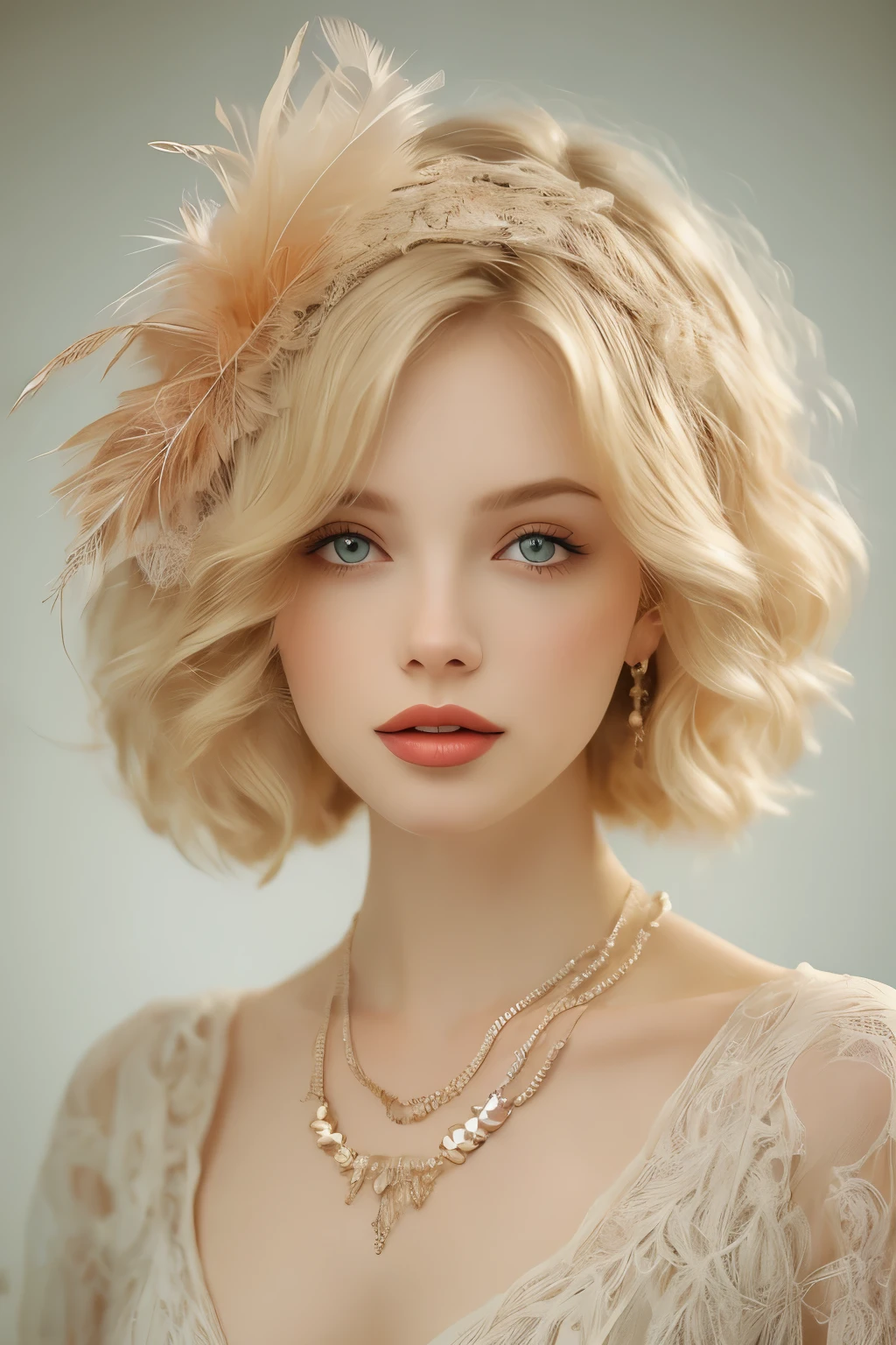 (masterpiece, best quality:1.2),bellissima, realistic, xcharleston style, 1girl, solo, hip, blue eyes, blonde hair, hair ornament, dress, jewelry, necklace, bracelet, lips, makeup, ring, feathers, lipstick, gem, curly hair, realistic, feather hair ornament, pearl necklace, pearl (gemstone)