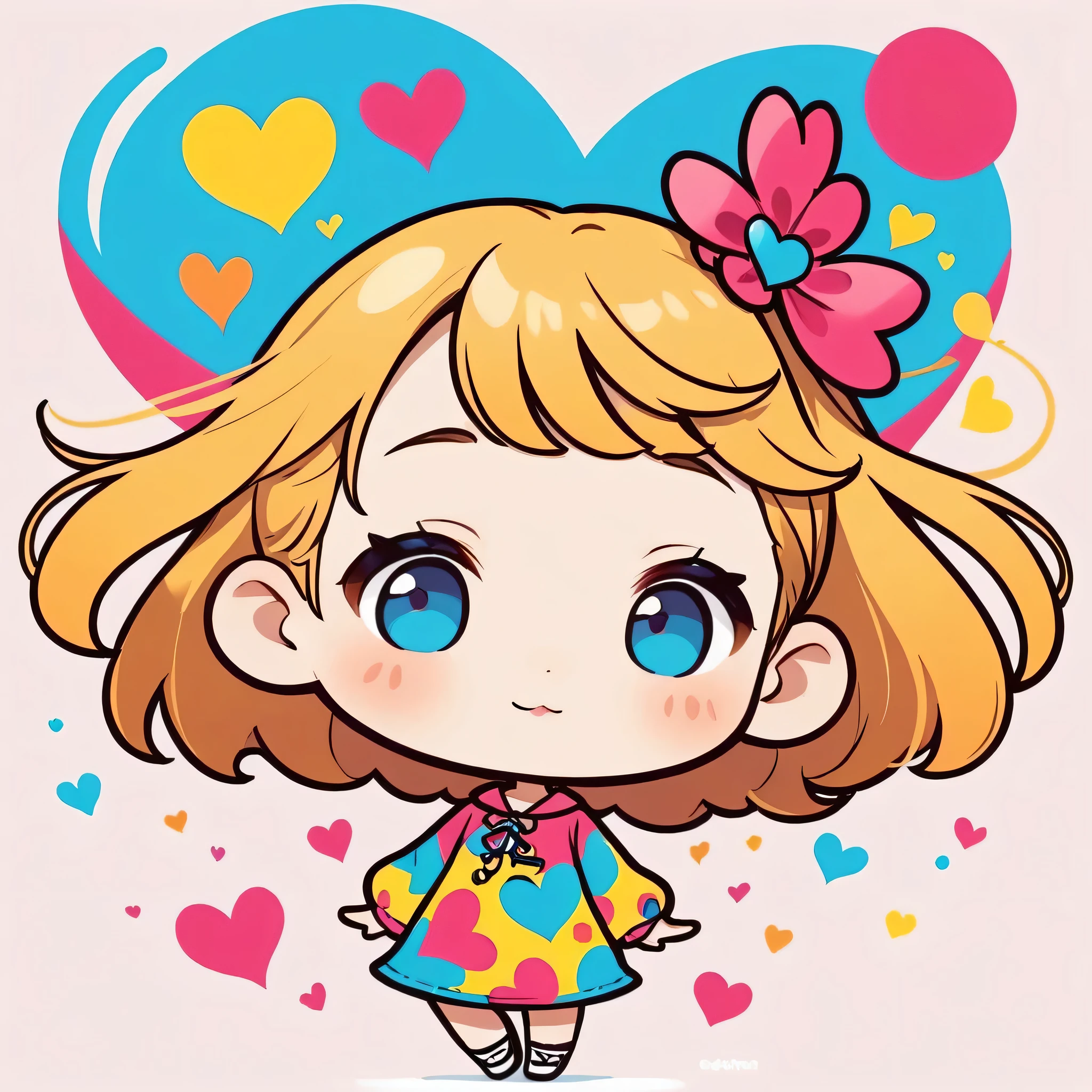 Keith Haring colorfull style, Simple Line Initialism,Abstract art,(((The most beautiful girl of all time))), (((chibi))), Sweet face. colorful hearts, funny design