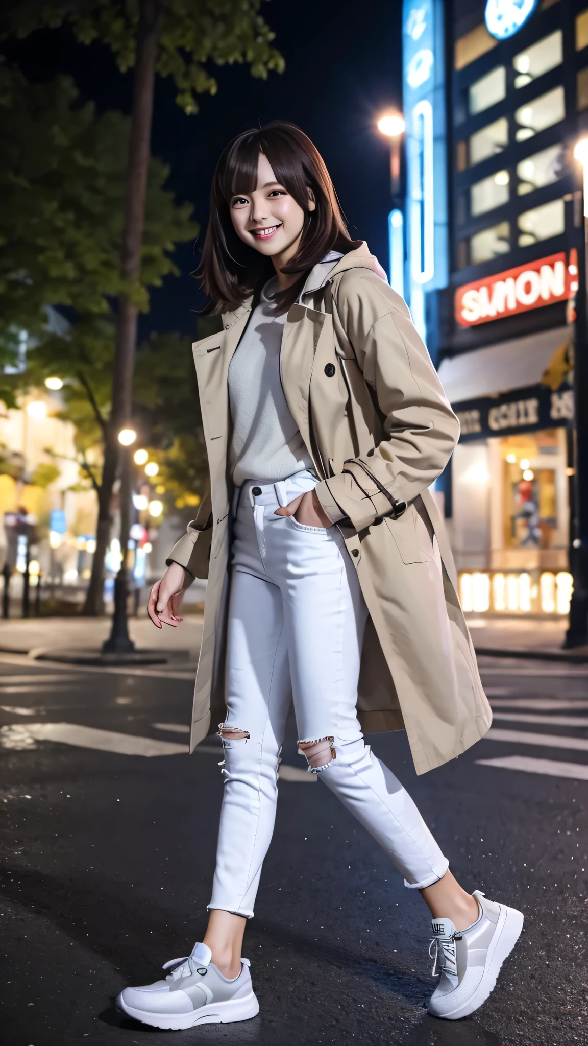 Woman in coat、white jeans and sneakers。Full body photo、Are standing、smile、Background is a park at night。.