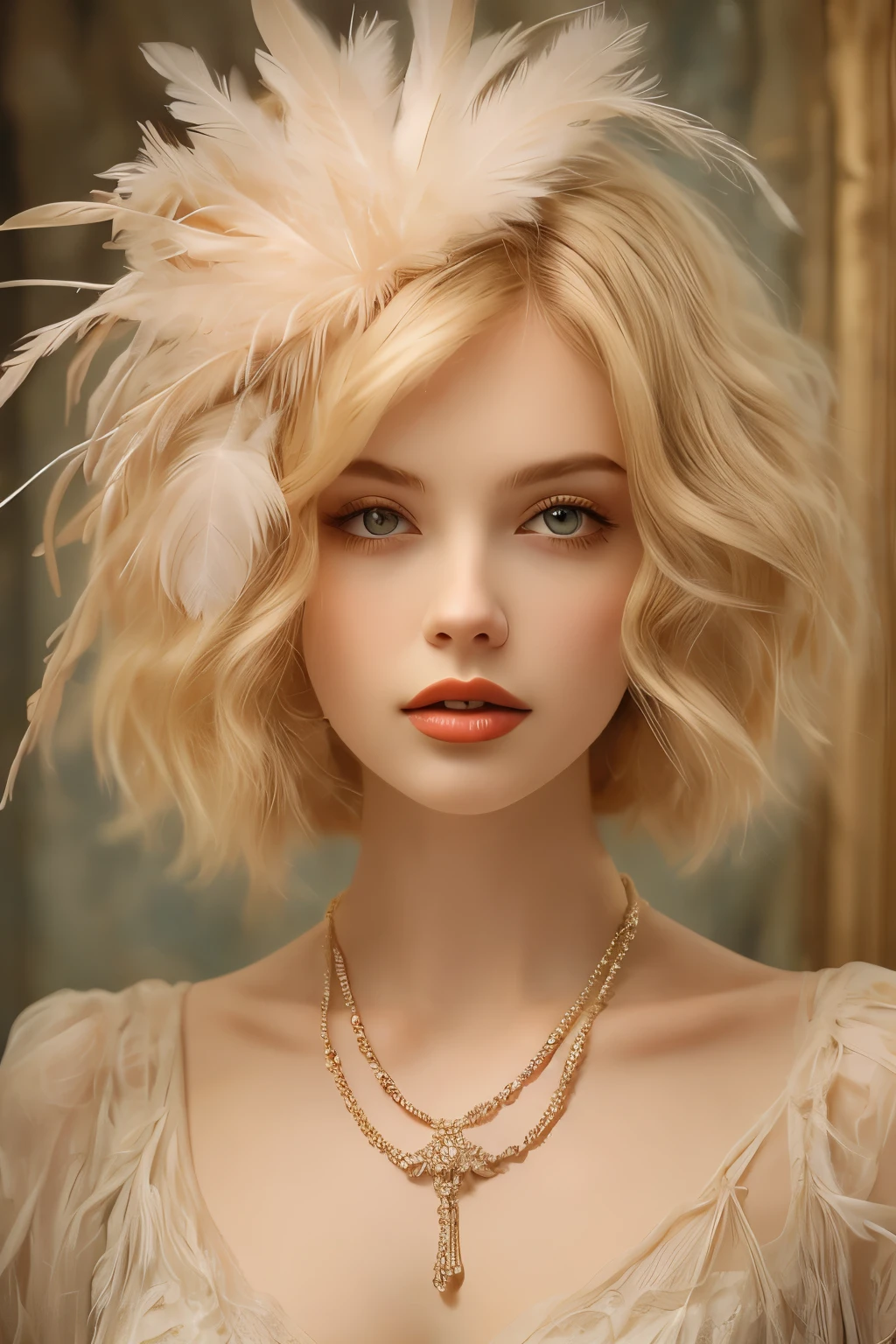 (masterpiece, best quality:1.2),bellissima, realistic, xcharleston style, 1girl, solo, hip, blue eyes, blonde hair, hair ornament, dress, jewelry, necklace, bracelet, lips, makeup, ring, feathers, lipstick, gem, curly hair, realistic, feather hair ornament, pearl necklace, pearl (gemstone)