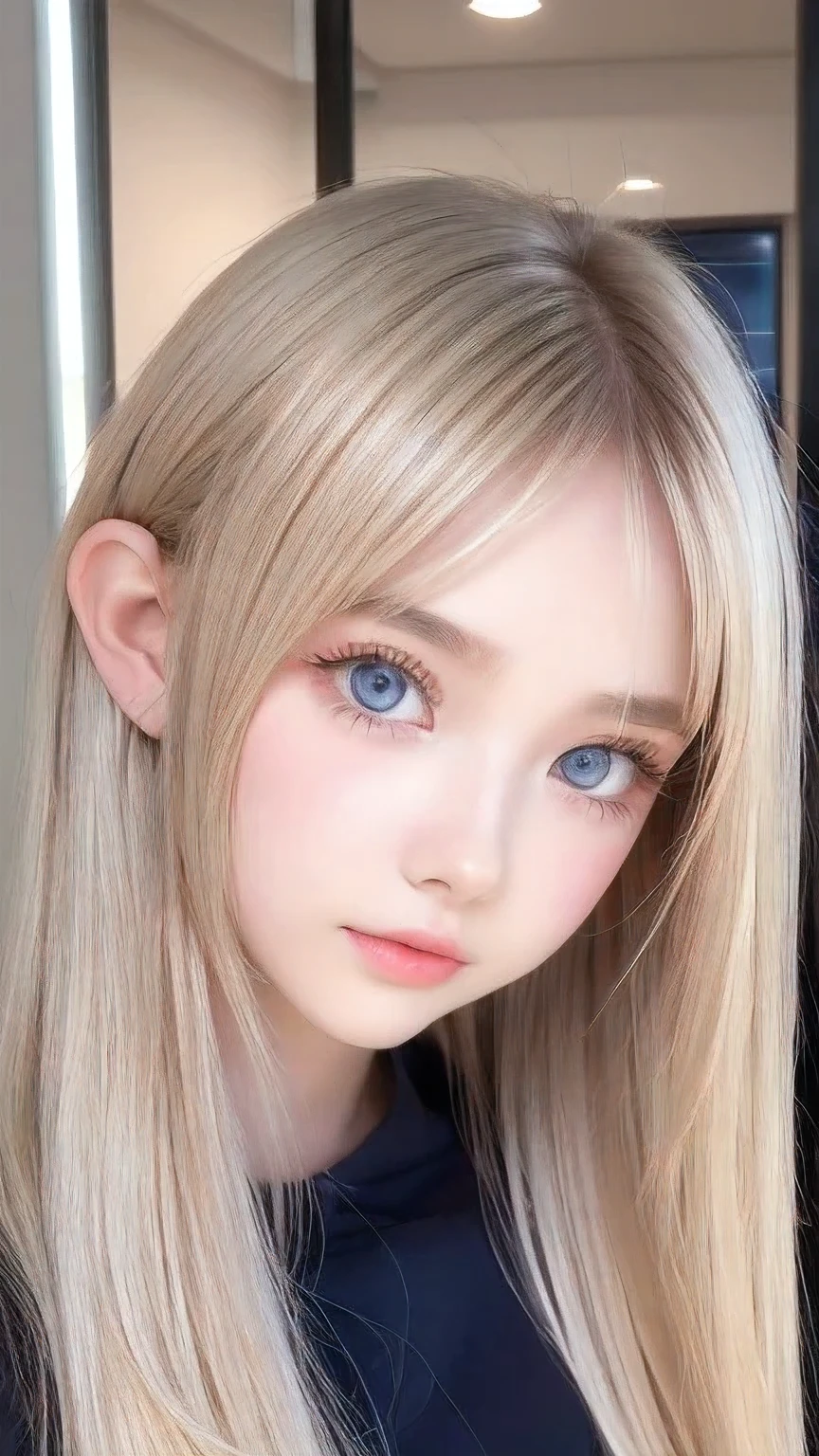 The Shining, clear, White skin、Her windblown blonde hair hides her beautiful face、A stunning 16-year-old blonde beauty、Bangs between the eyes、Cute sexy little beautiful face、Eye-catching, beautiful, super long straight hair、growing up, Large, sparkling, very bright light blue eyes、Long, silky bangs that cover cute eyes, Sexy and cute young woman with super long hair hiding her sexy face、Ultra long platinum hair、Small Face Beauty、Round face、Cheek gloss highlighter、