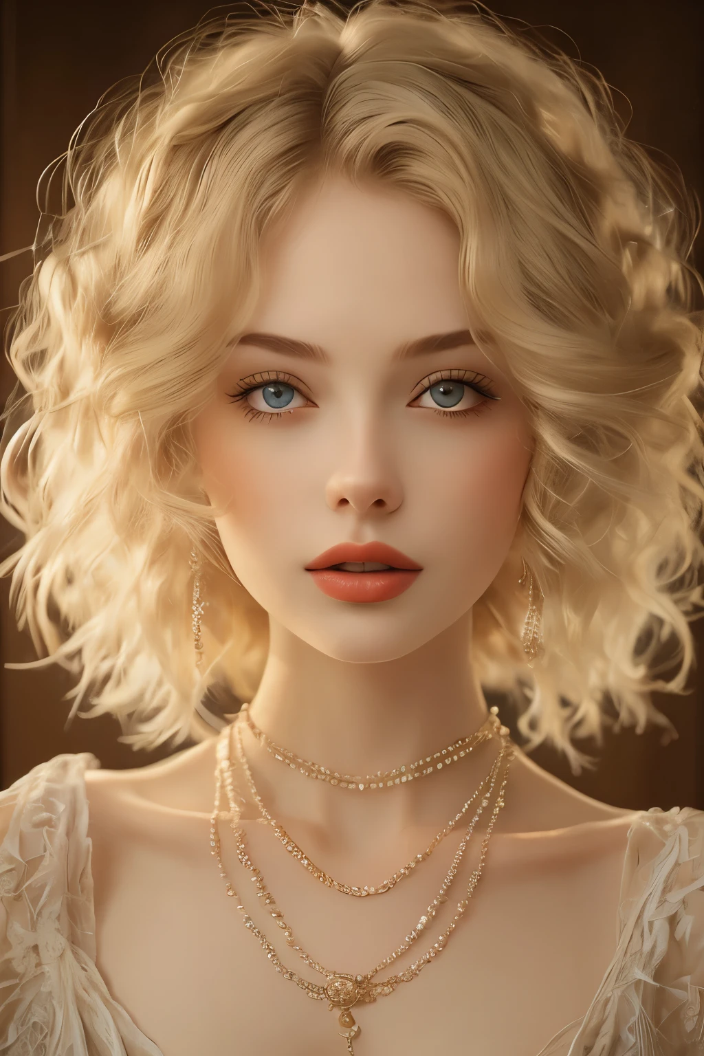 (masterpiece, best quality:1.2),bellissima, realistic, xcharleston style, 1girl, solo, hip, blue eyes, blonde hair, hair ornament, dress, jewelry, necklace, bracelet, lips, makeup, ring, feathers, lipstick, gem, curly hair, realistic, feather hair ornament, pearl necklace, pearl (gemstone)