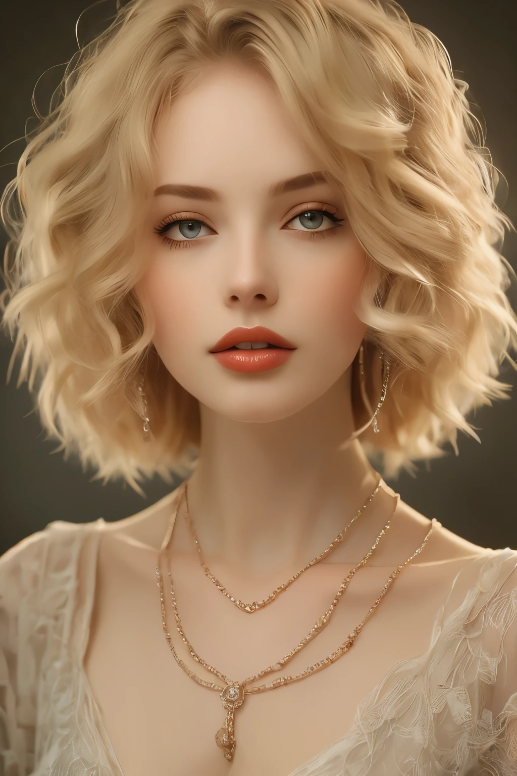 (masterpiece, best quality:1.2),bellissima, realistic, xcharleston style, 1girl, solo, hip, blue eyes, blonde hair, hair ornament, dress, jewelry, necklace, bracelet, lips, makeup, ring, feathers, lipstick, gem, curly hair, realistic, feather hair ornament, pearl necklace, pearl (gemstone)