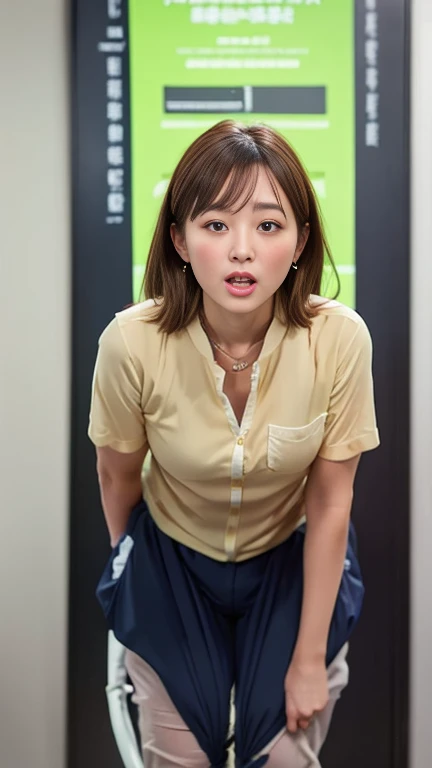 high quality、reality、reality的に、(Photo-like quality:1.3)、(Pee is leaking、incontinence)、No discomfort、Anatomically correct、(Peeing)、conference room、Giving a presentation、Currently being announced、Attention has been paid、high resolution、high quality、masterpiece、8k