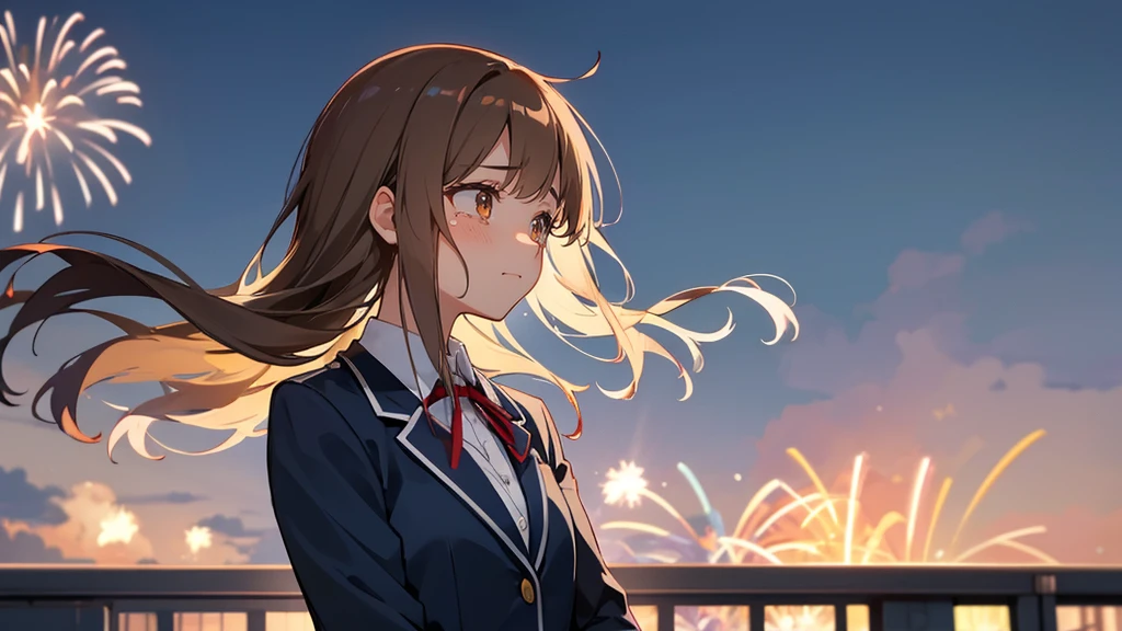 School rooftop at night。Profile of a high school girl crying while looking up at fireworks。Tears are running down my cheeks and dripping down my chin。The high school girl has light brown medium length hair that is blowing in the wind.。The light of the fireworks gently illuminates my face。Wearing a blazer-type summer