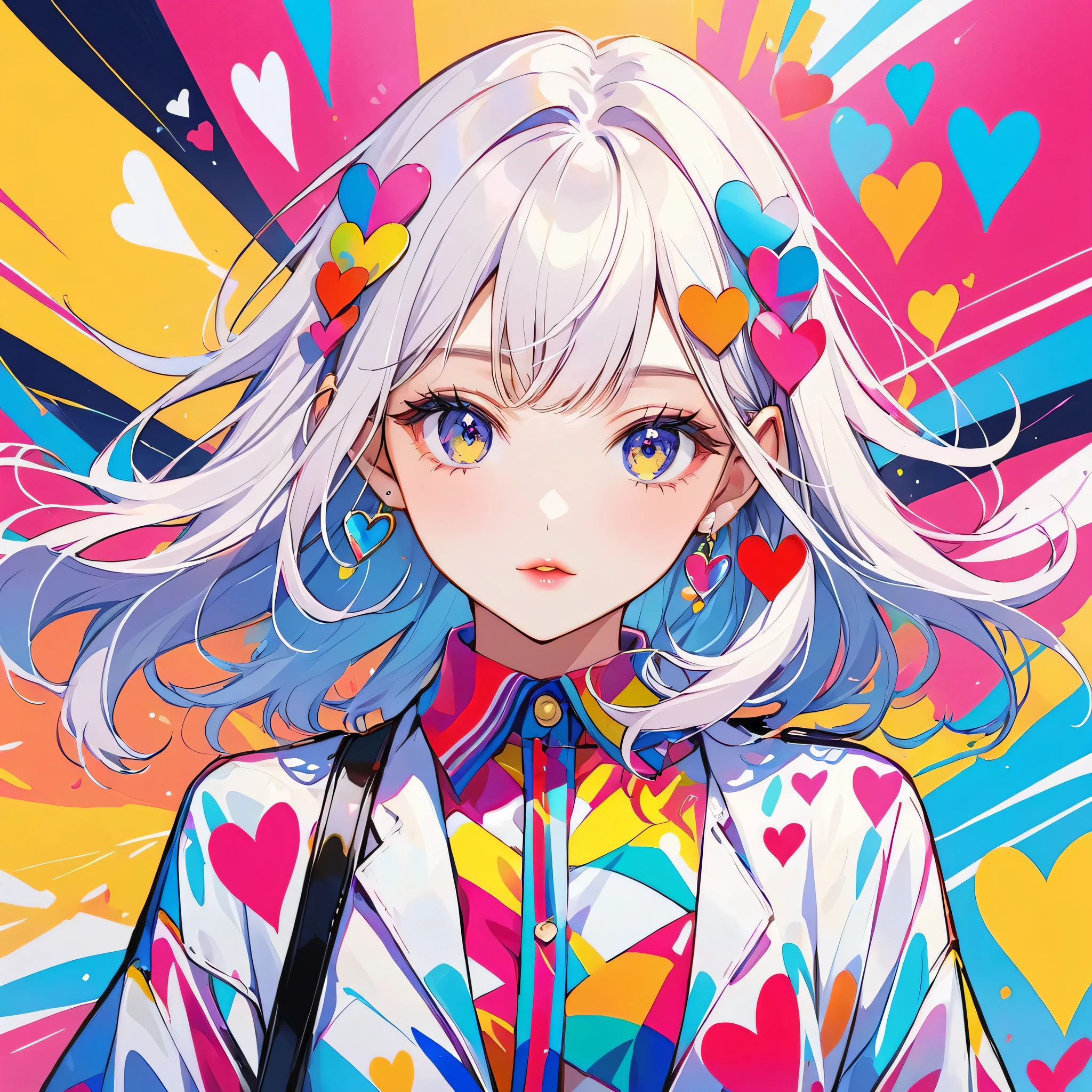 Mika Pikazo colorful style, Simple Line Initialism，Abstract art，Urban Background, (((The most beautiful girl of all time))), Sweet face. Lips in love, colorful hearts, stylish design