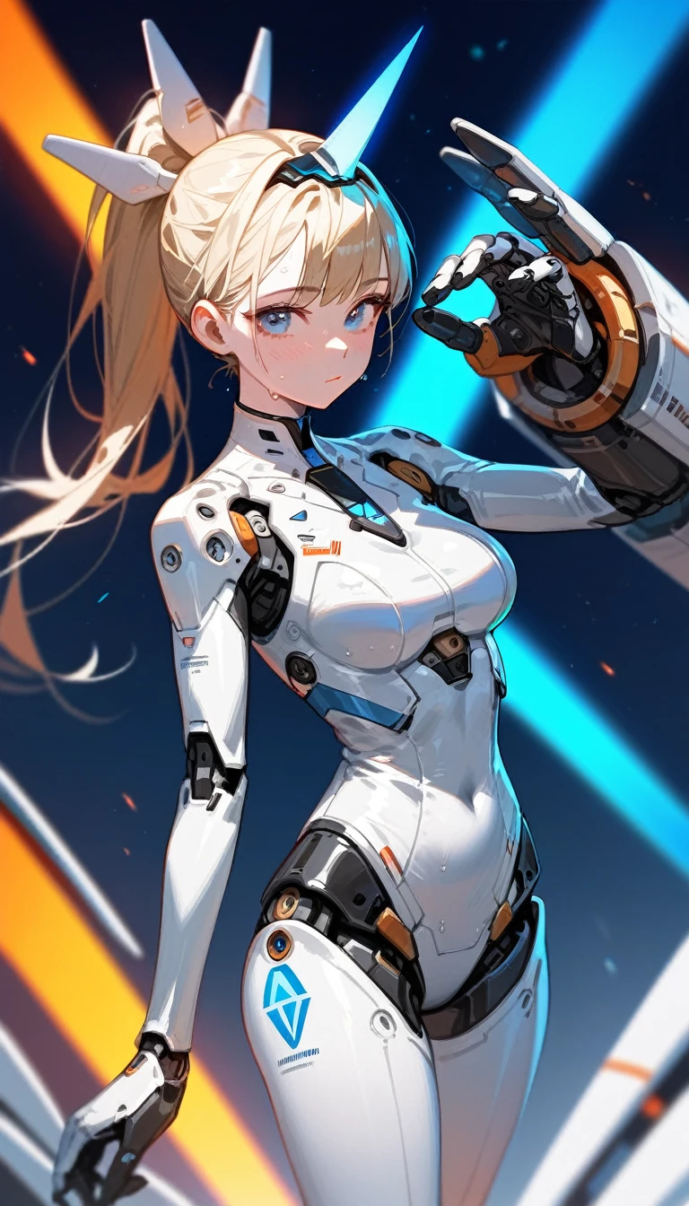 (Best quality, high detailed), 1girl, mecha girl. white latex suit, suit, cyber bodysuit, blue energy line on suit, Blonde, ponytail, Blue Eyes, adult woman body, standing, sweat, sci-fi background, cute face, Anime Face, mecha parts on head