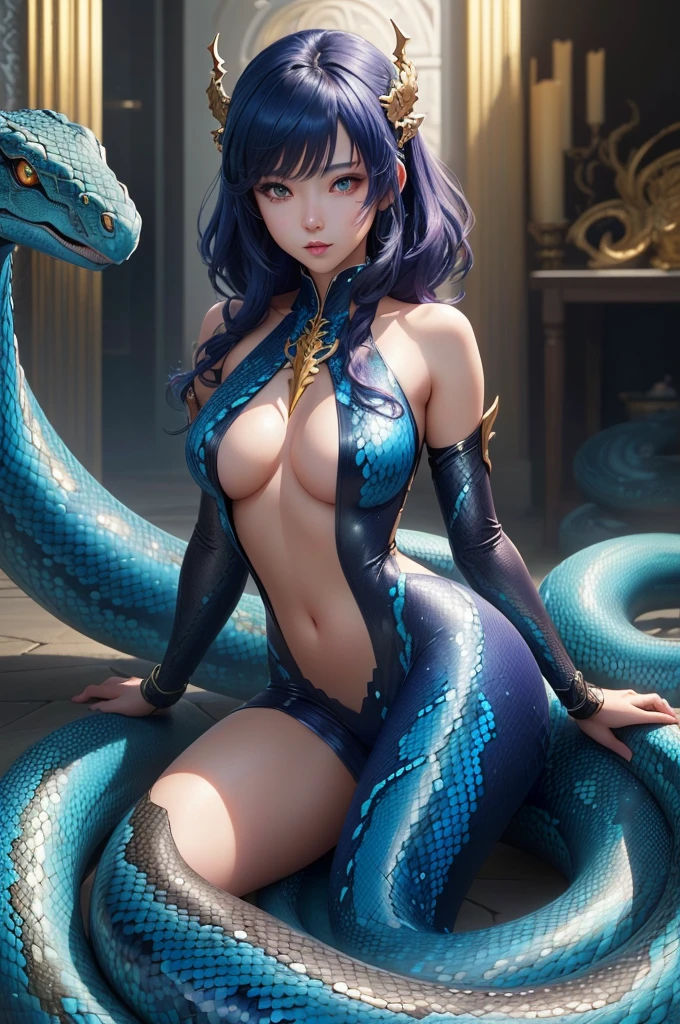 anime snake girl, lamia, snake body without legs ,extremely detailed artgerm, detailed digital anime art, trending on artstation pixiv, fine details. anime. snakegirl, many snakes as hair, 2. 5 d cgi anime fantasy artwork, scales on her chest, seductive anime snakegirl, blue scales covering her chest, fanart best artstation