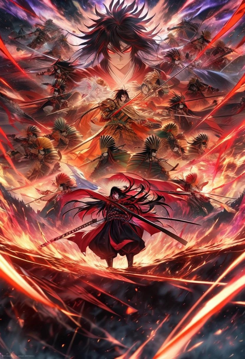 [The characters from Demon Slayer are battling alongside Oda Nobunaga in a fantastical world, arranged diagonally. Vibrant colors and mystical light envelop them, depicting a grand battle scene. Nobunaga's armored figure dances in the wind as the swordsmen of the Demon Slayer Corps confront the power of the demons. This captured moment is a fusion of the world of Demon Slayer and the historical presence of Oda Nobunaga, creating a fantastical spectacle.]

English image generation prompt:

Create an image where the characters from Demon Slayer are engaged in a majestic battle alongside Oda Nobunaga in a fantastical world. The characters should be arranged diagonally, with vibrant colors and a mysterious glow surrounding them. Show Oda Nobunaga in his armor, gracefully moving in the wind. The swordsmen of the Demon Slayer Corps should be depicted bravely facing off against the power of the demons. Capture the intensity and grandeur of the battle scene. Use vivid colors and ethereal lighting to convey a sense of fantasy and mystique.
