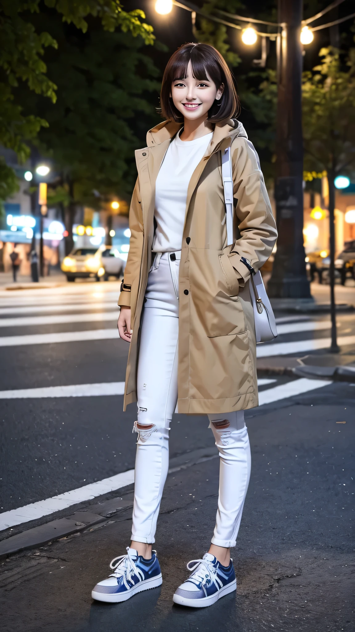 Woman in coat、white jeans and sneakers。Full body photo、Are standing、smile、Background is a park at night。.