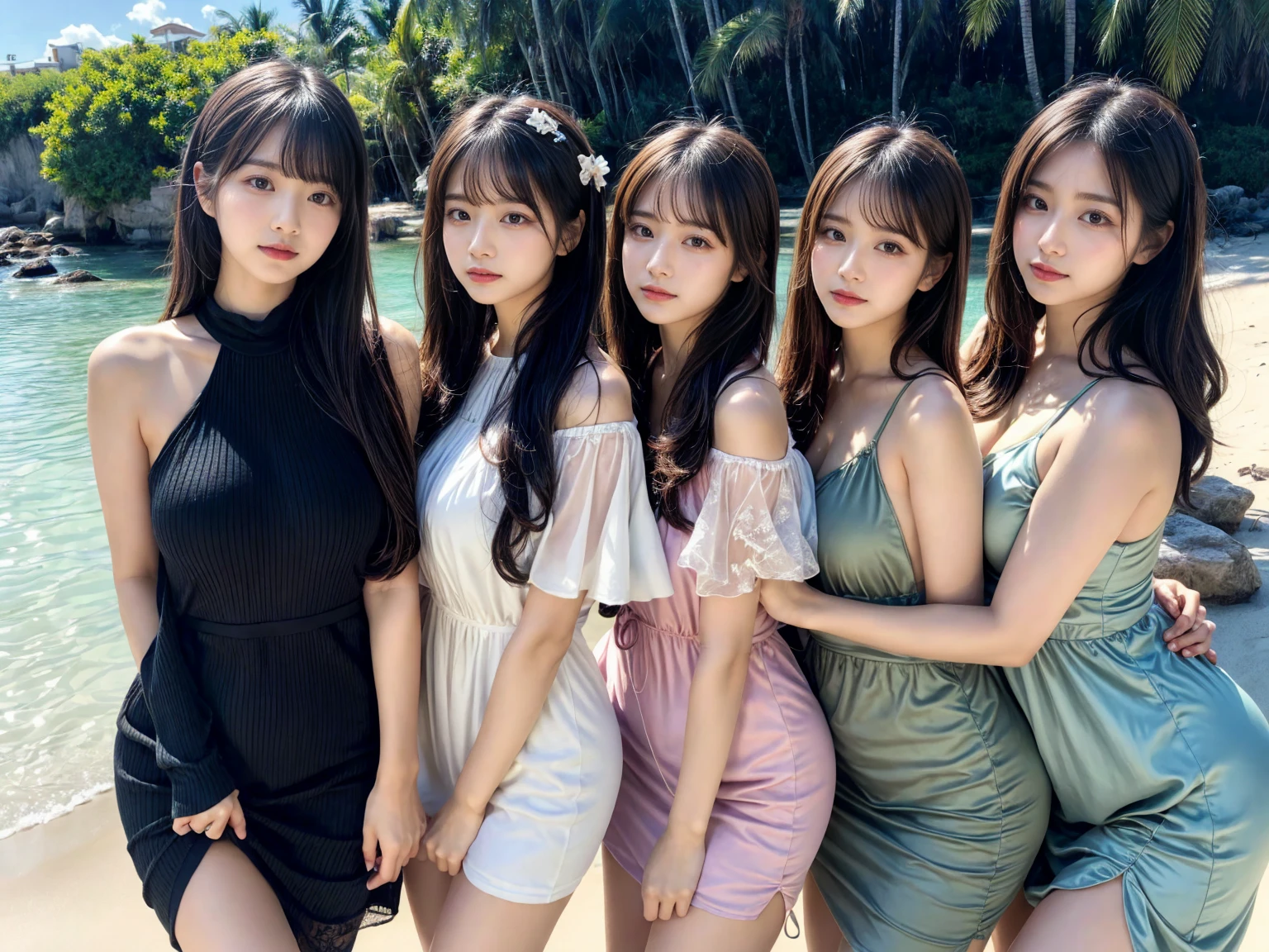 Mastepiece、highest quality、An illustration、Super fine、Fine、High resolution、8k wallpaper、Perfect dynamic composition、Beautiful detailed eyes、2girls, Wearing a sheer, thin dress、Natural color lip、Beach、Random and cute poses、Flowing bangs、large chest, Beauty Legs、 Voluptuous thighs, large hip,KPOP Idol Face、Perfect and beautiful face、cute