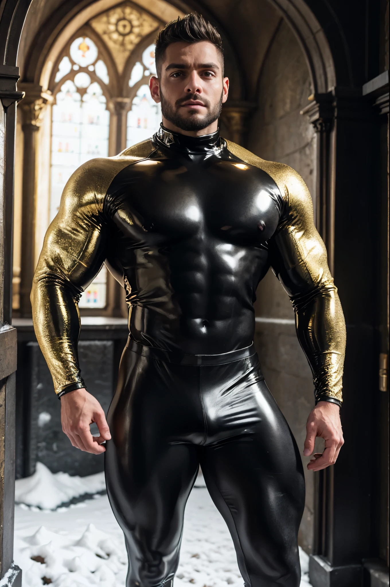 ultra high res, best quality, photo, 4k, (photorealistic:1.4), cinematic lighting, a muscular man, abdominal muscle, wearing black and gold shiny tight latex crop top,gold and black tight latex leggings,cyberpunk environment, snow and environment in the background, cathedral of , portal of the future, volumetric light, HD, magic, god light, backlighting, detailed face, contrapposto,tight suit showing his muscular features,big biceps,muscular body,big body, tall,6 feet
