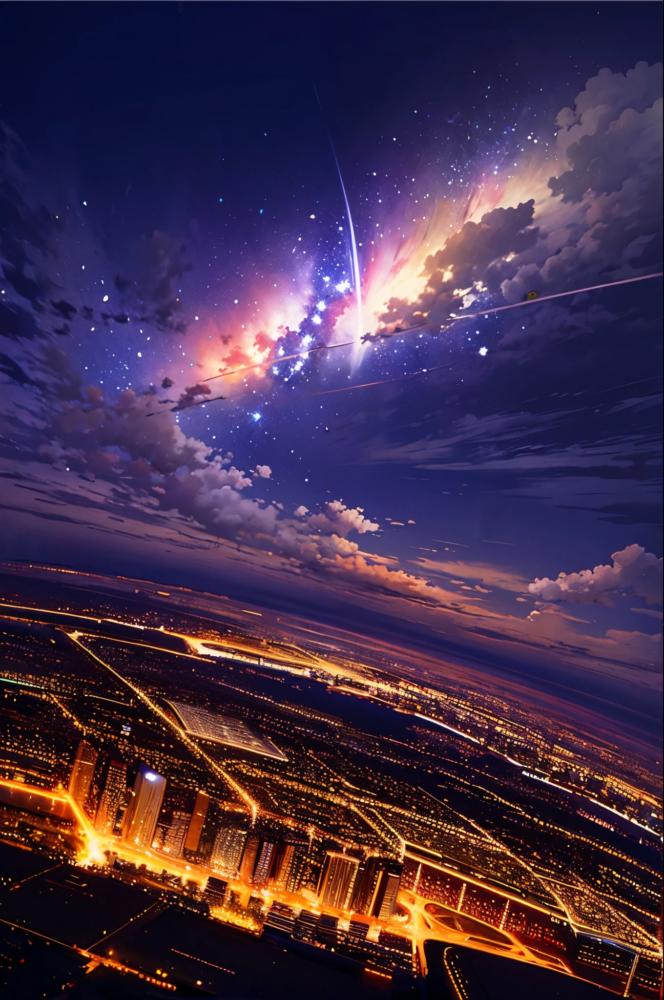 Sky Sky，star（Sky Sky），landscape，star空，night，night空，solo，Exterior，building，cloud，Galactic，wood，city，silhouette，City view