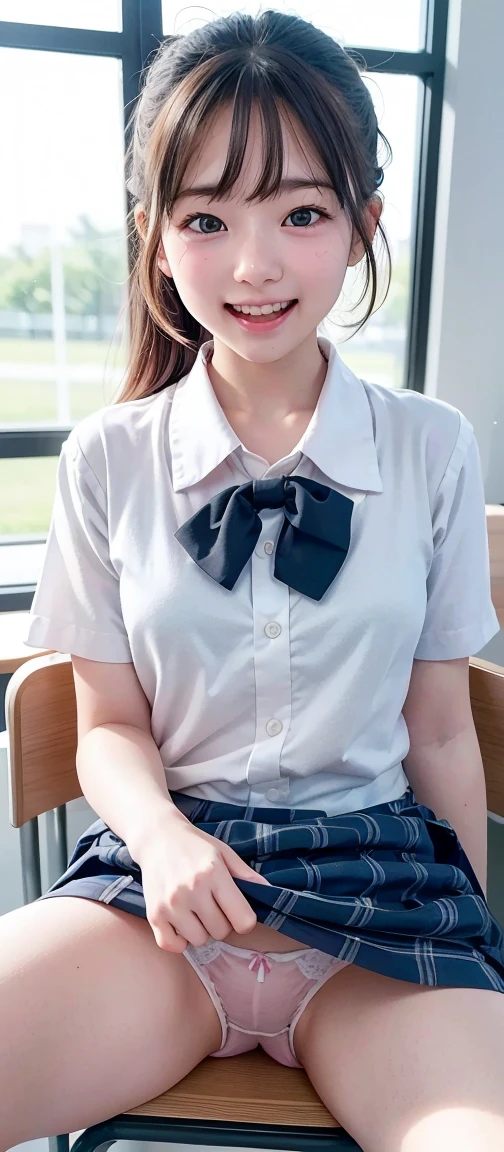 Adorable, Japanese Girls, (Portraiture, close:1.2),Exposed forehead, Scrunchie,( cheek,Glossy Lips:1), View your viewers, ,Sweaty, (), (Suggestive, smile:0.7), (White skin:1), catch_Light, Very detailedな CG Unity 8K 壁紙、Highest quality、Very detailed、masterpiece、Realistic、Realistic、Very detailedかわいい女の子、Cute Face、Baby Faceold、((School uniforms))、((Roll up the skirt yourself)))、(Lift it yourself)、Wearing panties、Panty Focus、blush、Lips parted、Looking at the audience、Semi Body Shot、(Many people々々)、(In the school classroom, Sit on a chair, Spread your legs)、(((She gets excited and shows her panties )))、