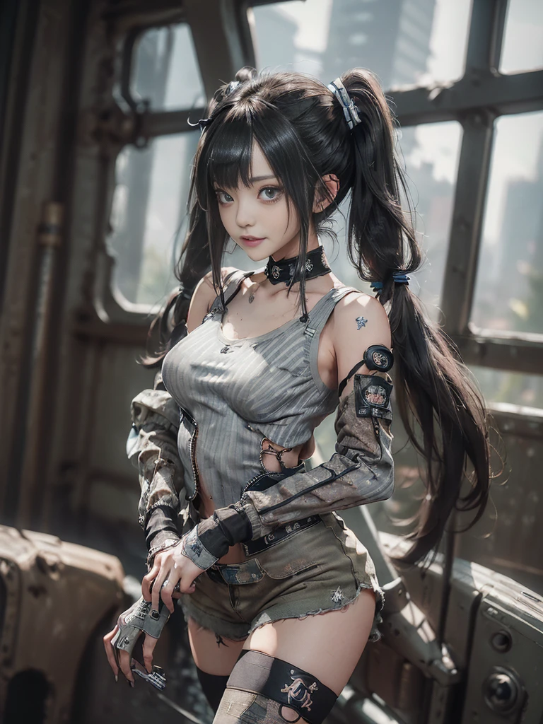 (Three Women,3 girls:1.5),(Full Body View:1.2)、(Side view:1.1)、(Please smile with your teeth showing:1.4),(Shibuya Gal:1.5)、(Gothic ta style fashion:1.5)、(Tattered khaki and gray futuristic micro high leg bodysuit:1.5)、(Tattered Khakis and White Micro Fancy Sleeves:1.5)、(Tattered khaki micro shorts:1.5)、(Brown and khaki knee socks:1.3)、(camouflage:1.3)、(Military jacket:1.4)、Brown boots、Khaki gloves、internal、(The underwear is striped:1.4)、23 years old、(Doing a ballerina pose:1.3)、((Highest quality、8k、masterpiece:1.3))、One girl、The beauty of slim abs:1.3、(Hairstyle Casual、Big Tits:1.1)、dress:1.1、Super small face、Narrow eyes、double eyelid、Laughter、Esbian all over body、Dynamic Angle、Close-up、CPL Filter、Blurred Background、Bokeh、Blue Hour、Detailed face and skin texture、Detailed Eyes,(Twin tails:1.3)、(Black brown hair:1.4)、Gravure idol pose、(The background is the cockpit of a futuristic weapon.:1.3)、(The body is slim:1.2),(Slim legs:1.4),(clavicle:1.1)