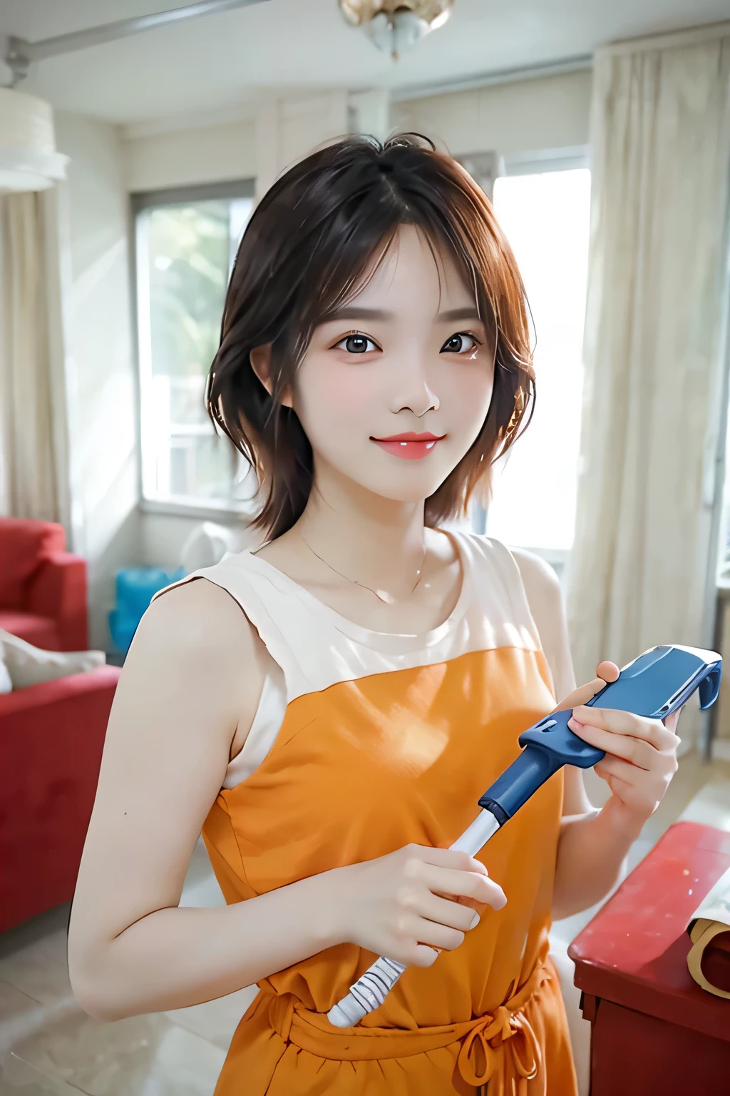 Home Services,A woman,Holding a mop in hand,Looking at the camera,The background is the living room background,Orange,Head-up lens,The girl had a smile on her face