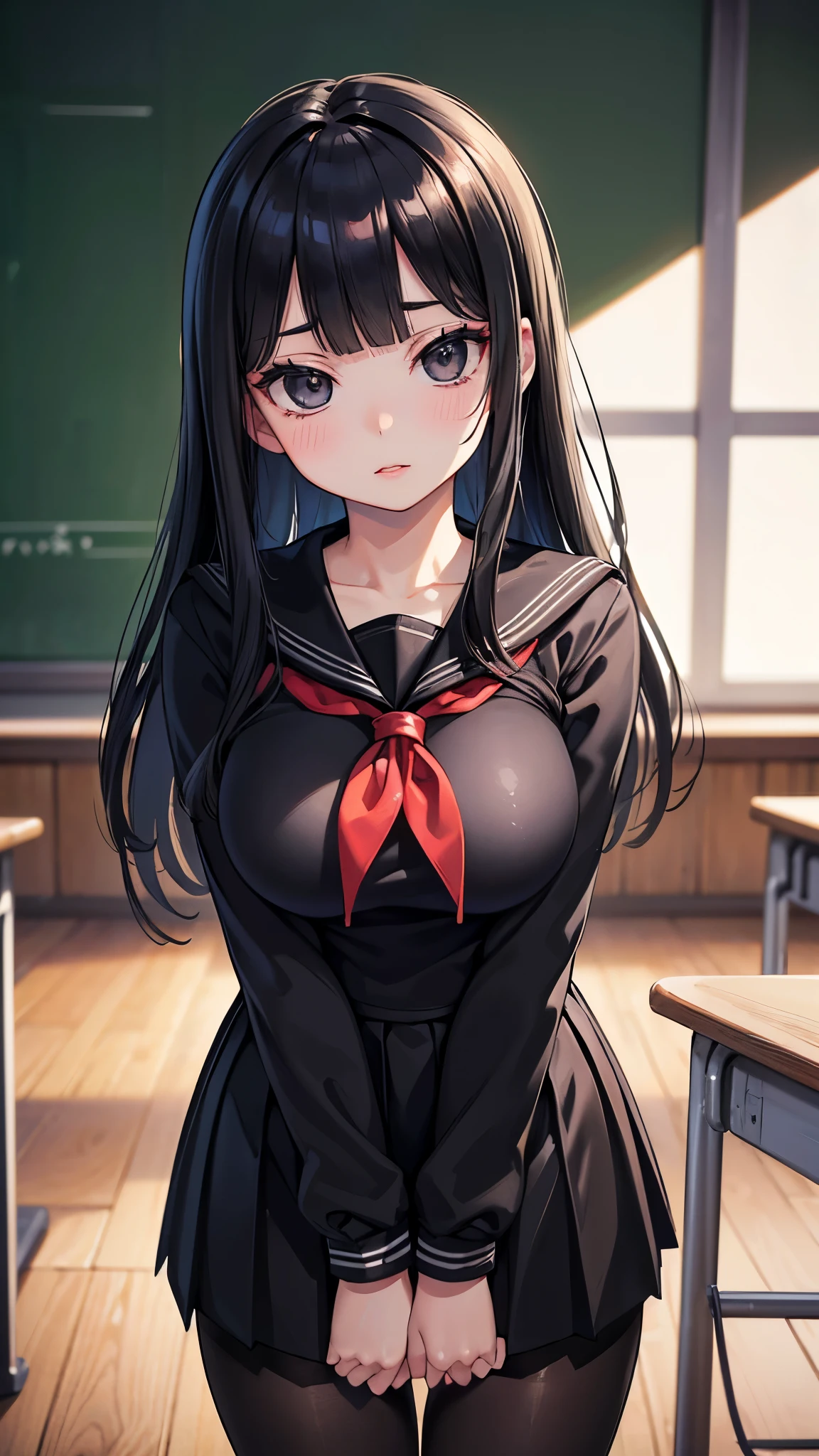 (masterpiece, 最high quality, 超High resolution, Very detailed), (Realistic:1.1, photoRealistic:1.4), Perfect illustration, Perfect lighting,Hair in perfect detail, Perfect and detailed face, Perfect collarbone, Perfect body,Juicy breasts, Perfect Thighs, Beautiful feet, View your viewers, 1 Girl,Perfect Face, (Perfect Anatomy, Anatomically correct), Symmetrical face、((Shiny Hair)),Sexy Body、(masterpiece),(最high quality:1.3),8k,Very clear,(Ultra-realistic),,Captivating woman,(high quality, High resolution, Fine details), Realisticなスタイルの女性,Juicy breasts、One perfect woman、Perfect Face、Symmetrical face、、((Large Breasts))、((Juicy lips))、Cowboy Shot、((Straight black long hair、Long Bangs))、((Large, double-set black eyes、Long eyelashes))、((Red makeup))、(((Black Sailor Suit、school uniform)))、((Wearing pantyhose))、(On campus、classroom)