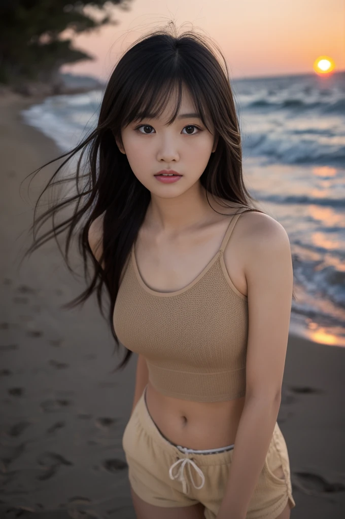 Cute Korean girl with braided hair wearing a black shirt with black panties on a beach