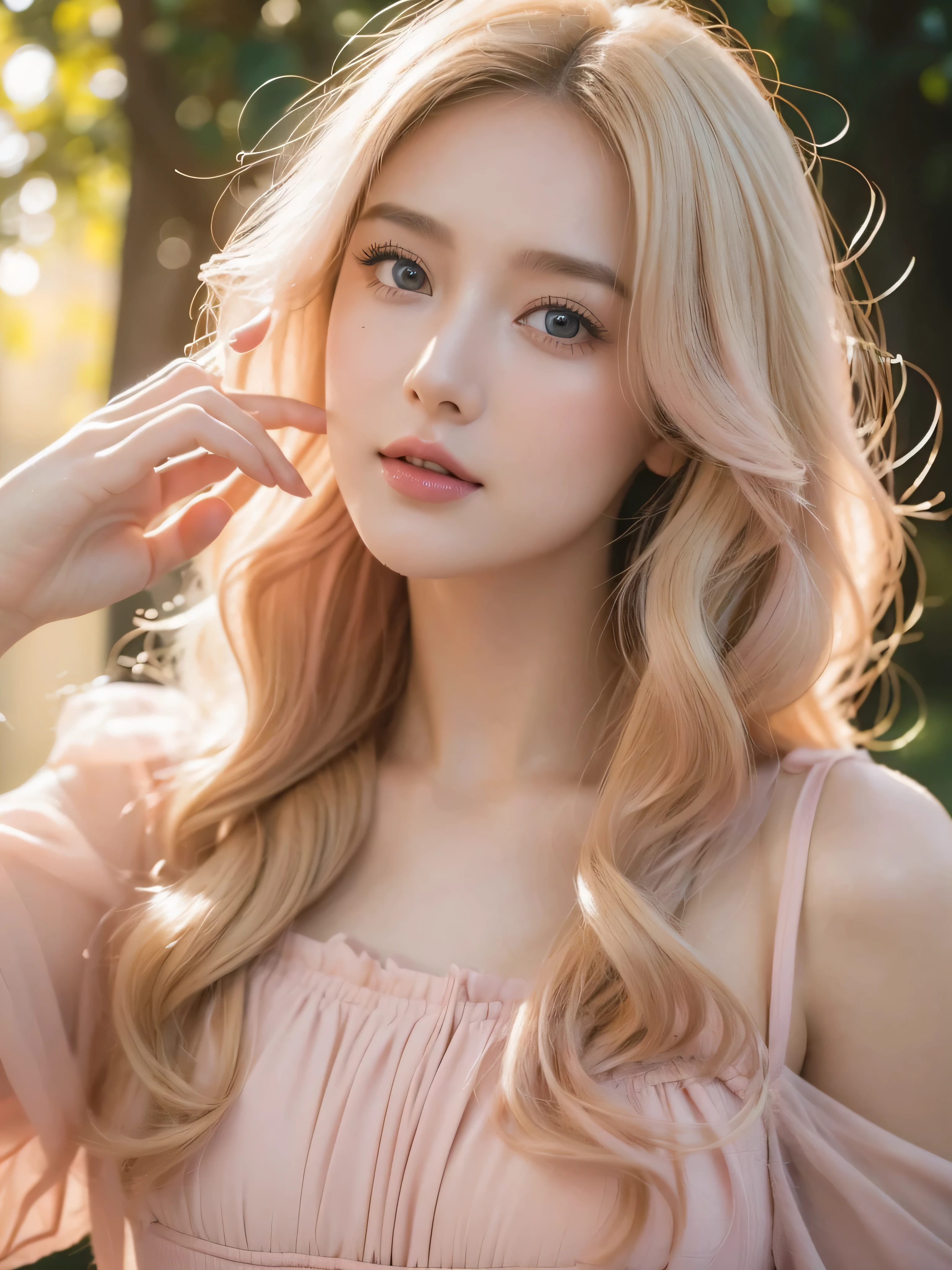 (close up of a beautiful 28 year old girl in a light pink vintage dress), movie stock photos, camera f1. 6, saturated colors, Vibrant, lifelike textures, Impressive classic lighting, Modern style, sexy full body photo, Evening, Curly hair has just been dyed light blonde