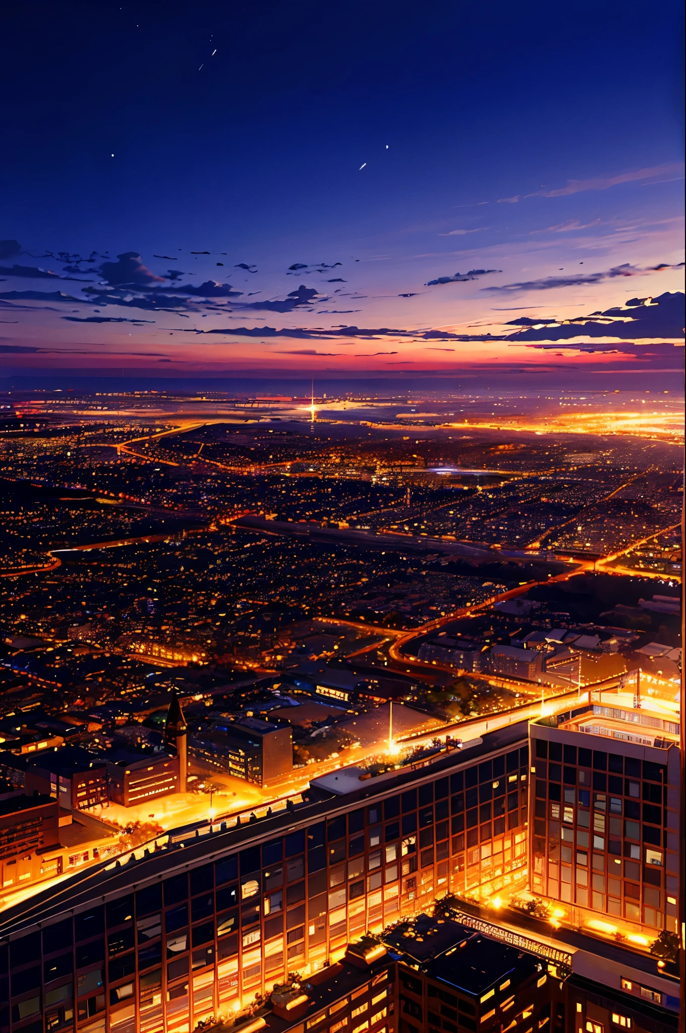 Sky Sky,star(Sky Sky),landscape,star空,night,night空,solo,Exterior,building,cloud,Galactic,wood,city,silhouette,City view、Cyber City