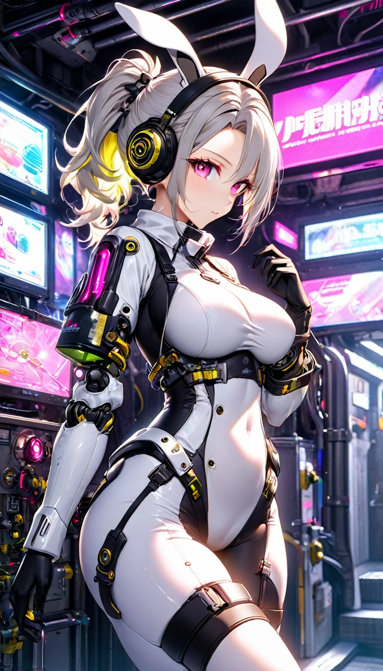 ((Highest quality)),Cyborg style cyborg girl，Grey Hair，Long ponytail hairstyle，Wearing rabbit ear headphones and a gas mask，The gas mask has a green light on it.，Wearing a white suit，There is a long strip of pink light on the clothes，Pink Eyes，（Black gloves）Large Breasts, Ample breasts, His left hand is a mechanical prosthesis，The body is connected by wires and pipes， ((masterpiece)), (detailed:1.4), 3d, Beautiful Cyberpunk Female Figure,High resolution（High Dynamic Range）,Ray Tracing,NVIDIA,Super Resolution,Unreal 5,Underground diffusion、PBR Textures、After treatment、Anisotropic Filtering、definition and clarity of the champaximum、Multichannel textures、Albedo and Specular Maps、Surface Shading、Accurate simulation of light-matter interactions、Perfect proportionake Octane、2-color light、Grand Opening、Low ISO、White balance、Three-part method、8K RAW、