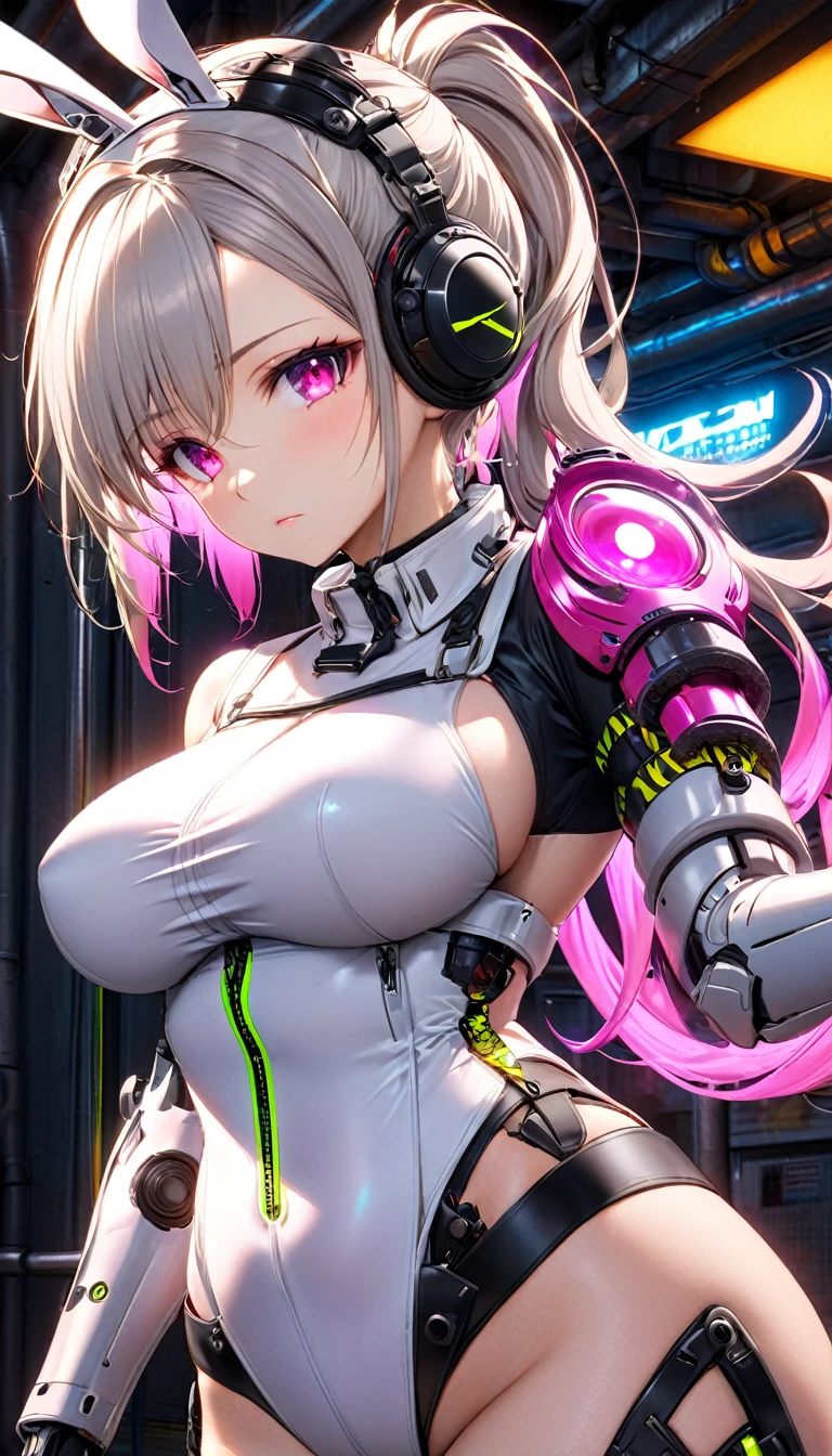 ((Highest quality)),Cyborg style cyborg girl,Grey Hair,Long ponytail hairstyle,Wearing rabbit ear headphones and a gas mask,The gas mask has a green light on it.,Wearing a white suit,There is a long strip of pink light on the clothes,Pink Eyes,(Black gloves)Large Breasts, Ample breasts, His left hand is a mechanical prosthesis,The body is connected by wires and pipes, ((masterpiece)), (detailed:1.4), 3d, Beautiful Cyberpunk Female Figure,High resolution(High Dynamic Range),Ray Tracing,NVIDIA,Super Resolution,Unreal 5,Underground diffusion、PBR Textures、After treatment、Anisotropic Filtering、definition and clarity of the champaximum、Multichannel textures、Albedo and Specular Maps、Surface Shading、Accurate simulation of light-matter interactions、Perfect proportionake Octane、2-color light、Grand Opening、Low ISO、White balance、Three-part method、8K RAW、