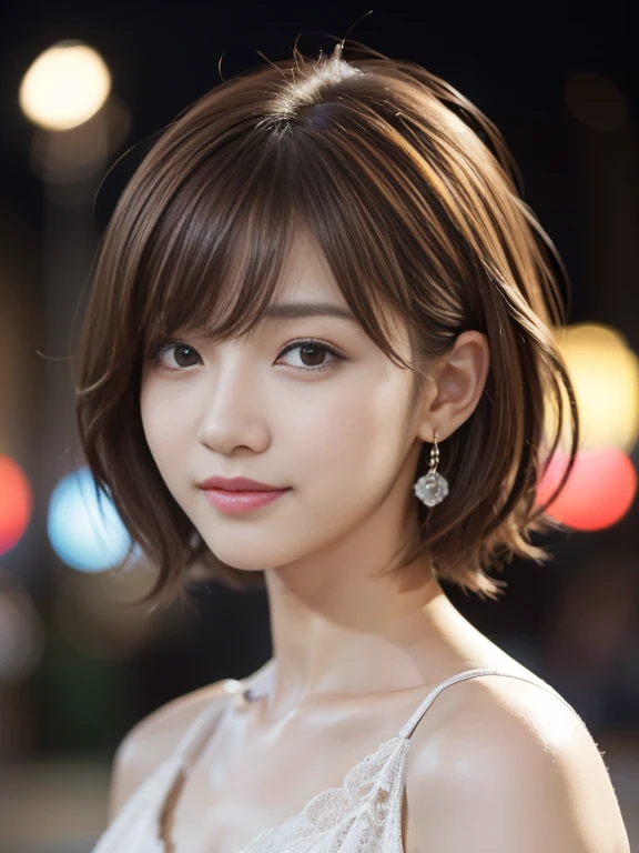 1 korean idol, (Raw photo, Best Quality), (Realistic, Photorealsitic:1.4), masutepiece, extremely delicate and beautiful, Extremely detailed, 8k wallpaper, amazing, finely detail, extremely detailed CG Unity, hight resolution, Soft light, Beautiful detailed 25 year old, extremely detailed eye and face, beautiful detailed nose, Beautiful detailed eyes,Cinematic lighting,city light at night,Slender,Smiling, (medium hair, hair messy, asymmetrical bangs, light brown hair), higuchi_madoka