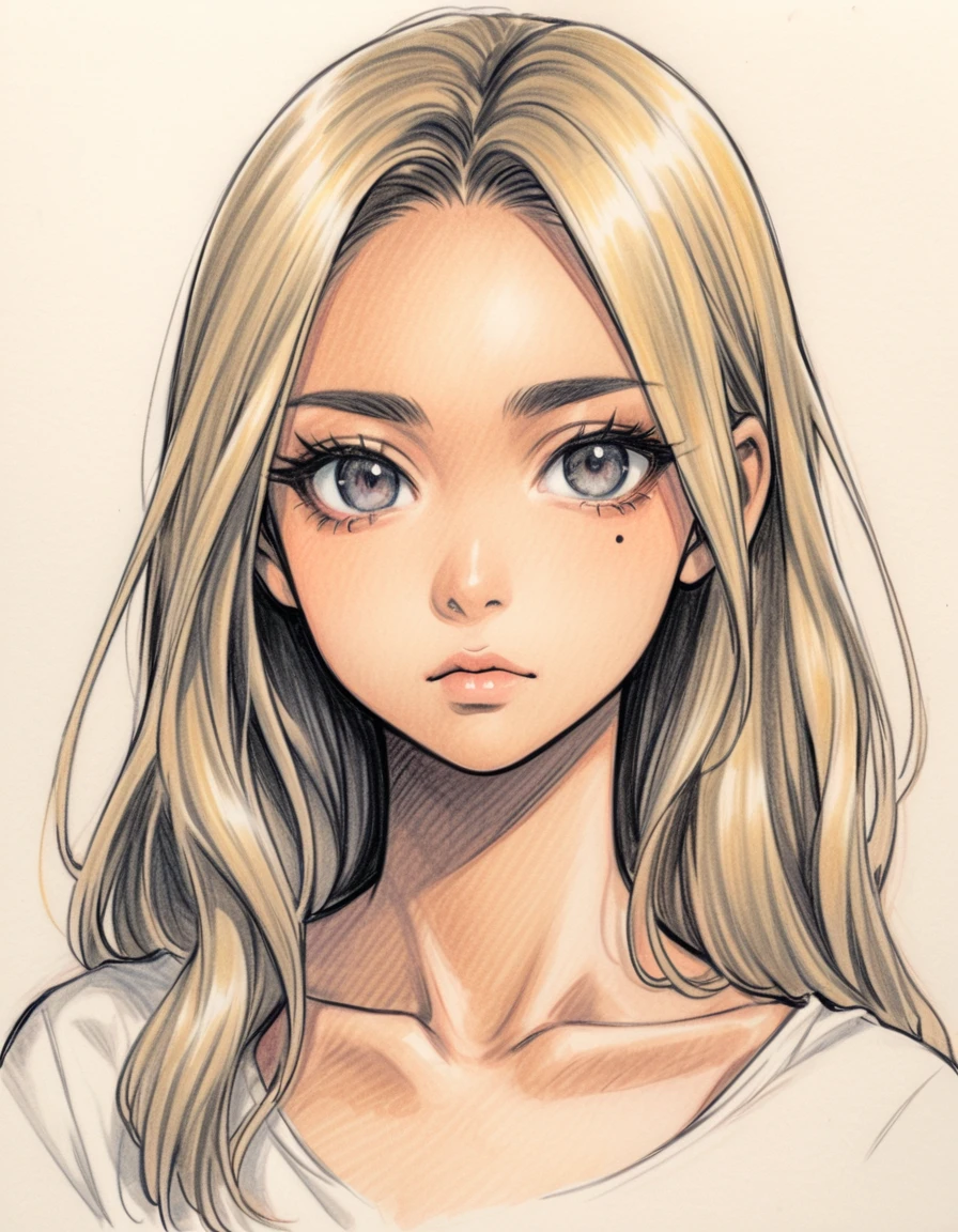 color pencil drawing, draft drawing, from fromt, wide shot, female, age 18, solo, dark skin, blonde long hair, black eyes, slant eyes, black eyeliner, false eyelashes, mole under eye, collarbone, blankspace