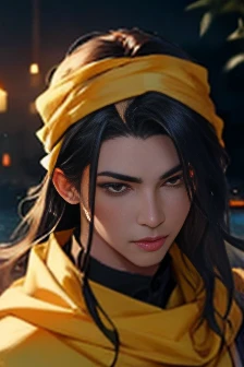 A man with black hair is walking, looking at the camera、(((Yellow bandana on head))),(((Muscular)))、(Very detailed CG ユニティ 8k 壁紙,masterpiece, Highest quality, Very detailed),(Best lighting, Best Shadow, Very delicate),good looking ,Roleplaying、Small eyes、Long Hair、Fantasy style clothing、Yellow clothes、Yellow Cape、