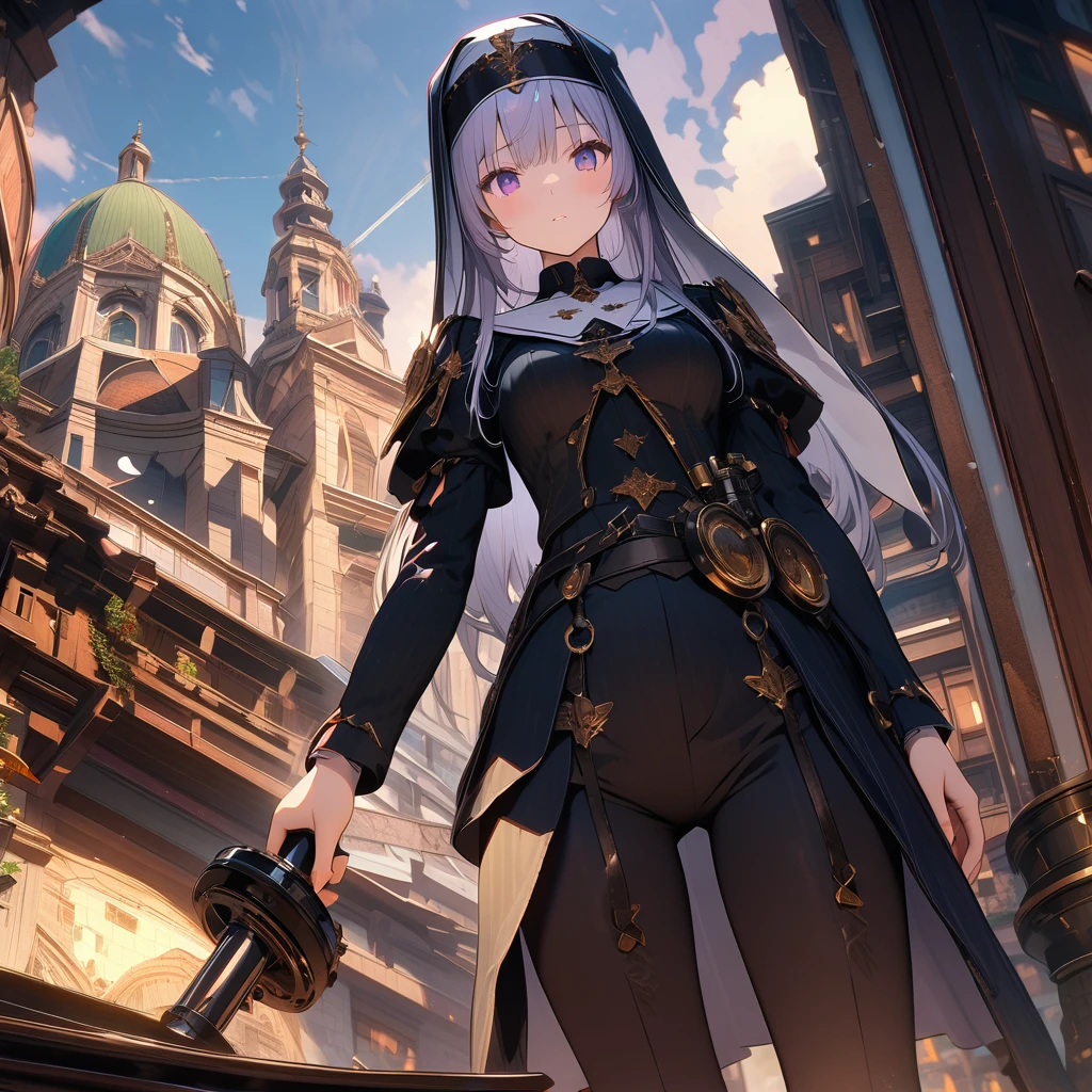 A mechanical angel nun equipped with a Gatling gun、（Underground Shelter:1.2）、ruins、Detailed Background、Detailed write-up、４ｋ、uhd、Absurd、Ultra Quality、Masterpiece、quality\(8k,非常に精細なCGユニットのwallpaper, masterpiece,High resolution,top-quality,top-quality real texture skin,Surreal,Increase the resolution,RAW Photos,最高quality,Very detailed,wallpaper,Cinema Lighting,Ray-tracing,Golden Ratio\),Dynamic Angle