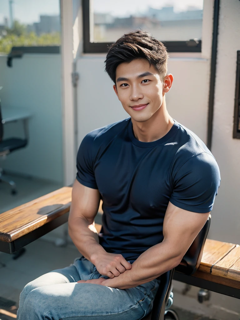 , (As a matter of fact, Masterpiece, 8k HD, good light quality, Navy blue sportswear, fit the face, complicated details), A handsome, muscular young Korean man sits on a chair with muscular arms. , 20 years old, be happy, smile brightly, detailed face, delicate eyes, look at the sky, Wear a tight blue t-shirt.:1.6 , jeans period, black eyes, Black hair color, ผมsmooth, smooth,Surreal,Superb details,Highest quality,real,Open your mouth to talk. , Close your eyes., (standing in the football field:1.1)