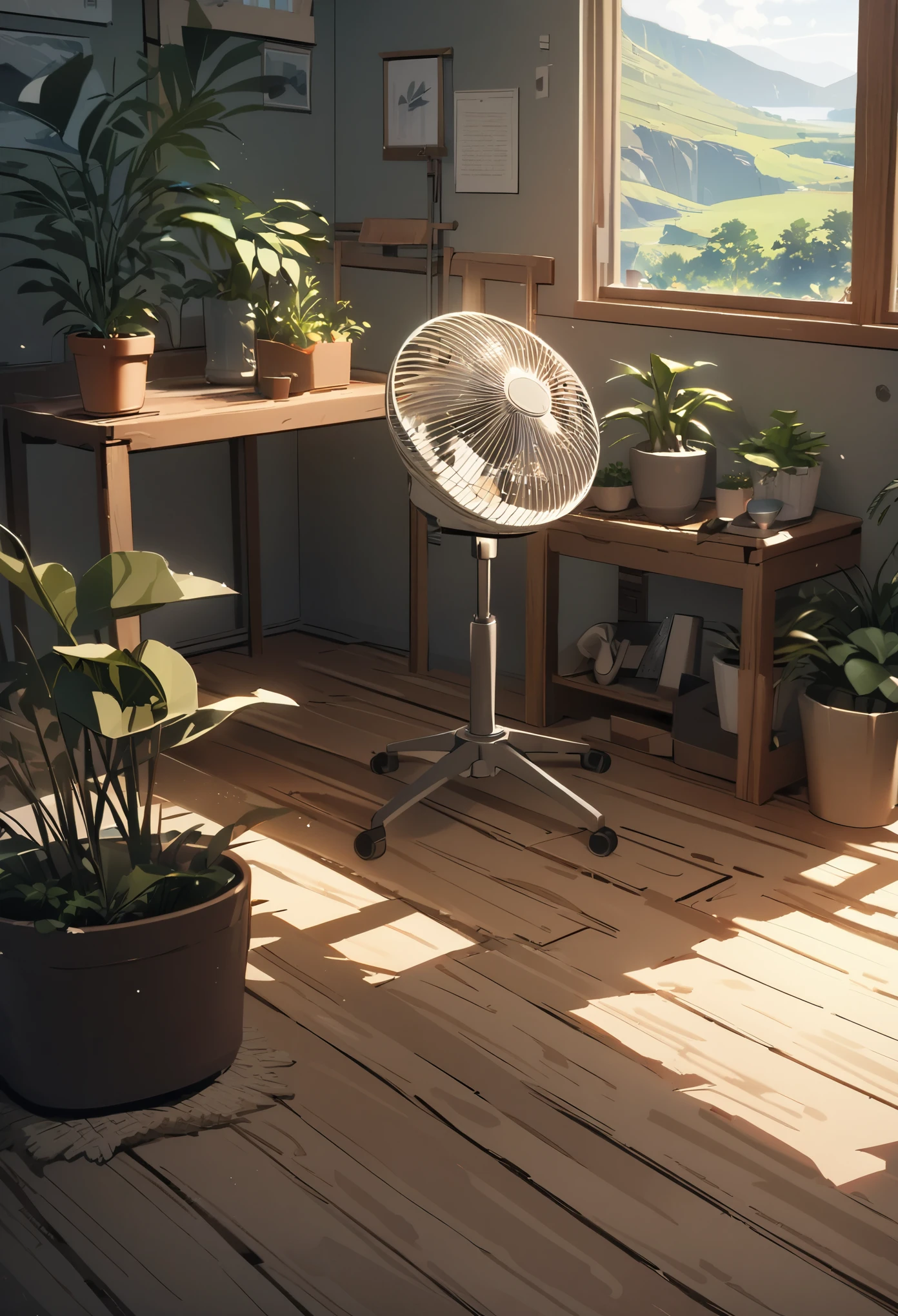 (masterpiece:1.2), best quality,pixiv,Warm animated scenes, landscape, No humans, plant, Wooden floor, ,Competent, tCompetent,, Sunlight,, indoors, potted plant, Chair,  fan,