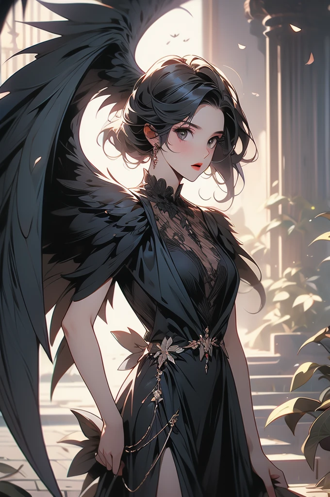 1girl, harpy, black wings, confused, silly