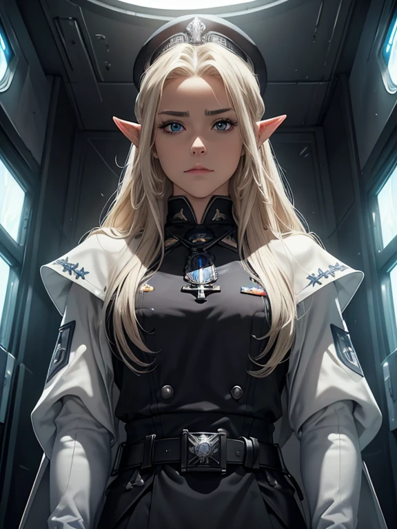masterpiece, Highest quality, Highly detailed CG Unity 8K wallpapers,((Upper body portrait)), ((The throne room inside the spaceship)), (Long pointy ears), Elegant long wavy platinum blonde hair, ((Average chest size, Self-illuminating skin)), ((Black military uniform, White leather gloves, Waffen-SS)), (NCO hat), (Serious expression), A beautiful, symmetrical face like a goddess, A detailed and cold-hearted eye, Key Art, Awards, intricate detail realism hdr, Photorealism, Hyperrealism, Ultra-realistic, Dramatic Light, Strong Shadows, Nice views, Written boundary depth, Armed androids standing behind