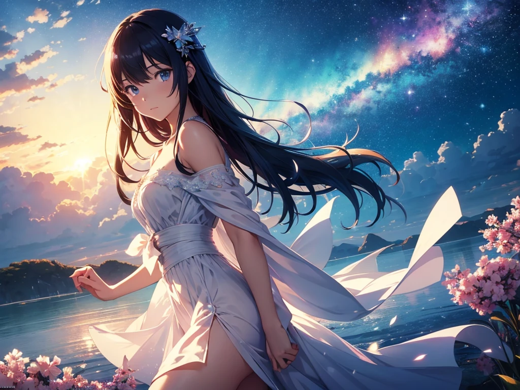 Impasto,Animecore,Moonbeams,Fairy light,Full Body Portrait,Nightography,Third-Person View,Full Length Shot(FLS), masterpiece,best quality,official art, extremely detailed CG unity 8k wallpaper,highly detailed,absurdres,8k resolution,Soft Lighting,Moody Lighting,Cinematic Lighting,Beautiful Lighting,prefect face,exquisite facial features,little girl,adorable girl,doll,night,meteor shower,flower sea,muted color,partially colored,off-shoulder dress,white dress,slit pupils,beautiful detailed eyes,expressionless,long hair,black hair,swept bangs,long bangs,hair_flower,flower_petals,Bare shoulders,looking away,holding flower