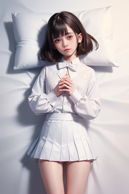 (masterpiece、Highest quality:1.7)、(:1.5)、(Shot from above:1.7)、(The photo shows the upper part of the calf:1.7)、Bobcut、Black Hair、85mm、16K、Official Art、RAW Photos、Best Beautiful Faces、Close-up、Violet、Gardenia、((The best beautiful girl、very cute))、Red blush on cheeks、((Inside the room))、(Lying on your back on the bed:1.8)、Film Grain、Chromatic Aberration、Sharp Focus、(((Nice hands、Perfect hands、Perfect Fingers、Thin and delicate fingers、A perfect body without flaws)))、Detailed face、(Slender body:1.5)、(Slender body:1.3)、(Slim upper body:1.1)、(Small and flat bust:1.7)、(Narrow thighs:1.3)、(Let your bangs hang down:1.8)、(Blushing:1.8)、(Low contrast lighting:1.4)、(襟t付きのwhiteタイトビジネスブラウス:1.5)、((white)Bowtie blouse:1.5)、(Long sleeve: 1.4)、(The length is very short(white)Pleated mini skirt:1.7)、(whiteスクールソックス:1.5),(Cover your chest with your palms:1.7)