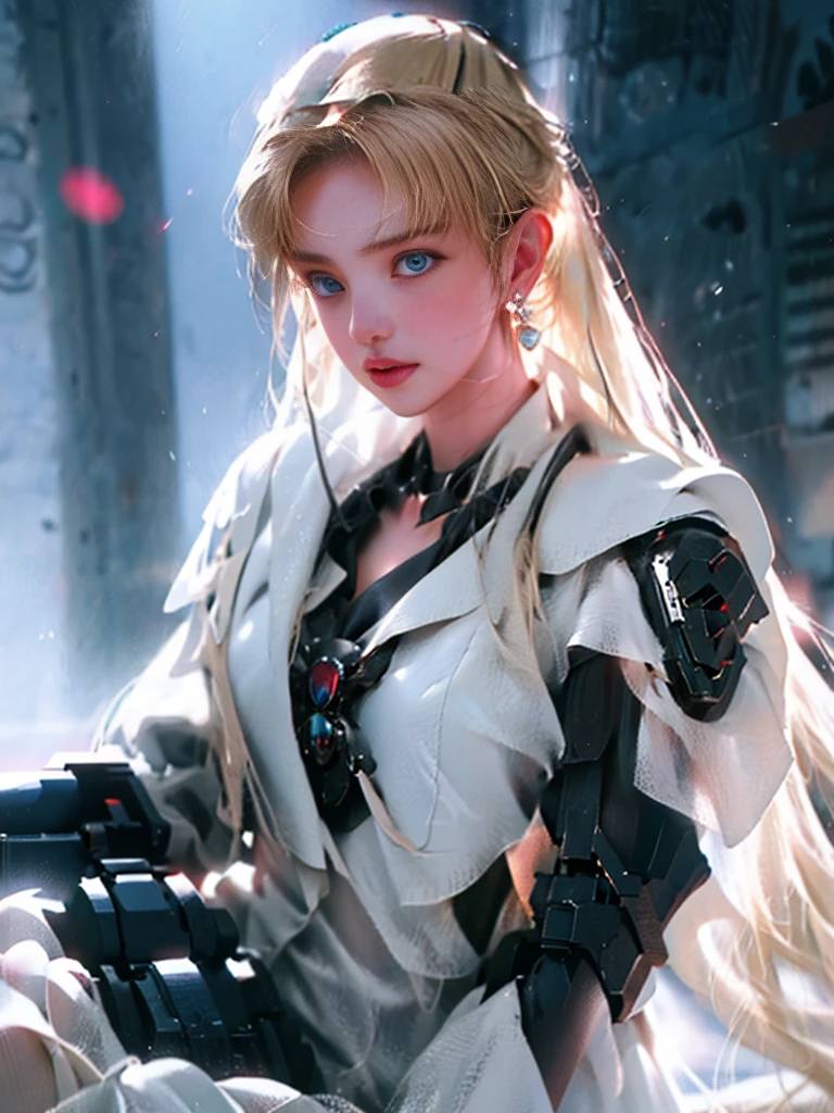 8K  UHD，RAW photo，A woman wearing black armor is fully armored：1.1，Handsome girl，long whitr hair，blonde with blue eyes，The face is delicate，Delicate skin，Full breasts，Crystal clear lips，Slender legs，(Real Human:1.3)，(A high resolution:1.4)，(A detailed:1.5)，(photorealestic:1.7)，RAW photo，Portrait Photogram，Real Human，RAW photo，超A high resolution，Foto realism，best qualtiy，(highdetailskin，skin detailed)，Visible Pore，Shiny skin，tmasterpiece，，finedetail，Colorization，Extremely Delicately Beautiful，Extremely detailed 8k wallpaper，8K high quality，Digital SLR，Girl with beautiful details，(looking at viewert)，professional photograph lighting，Faraway view，Standing posture